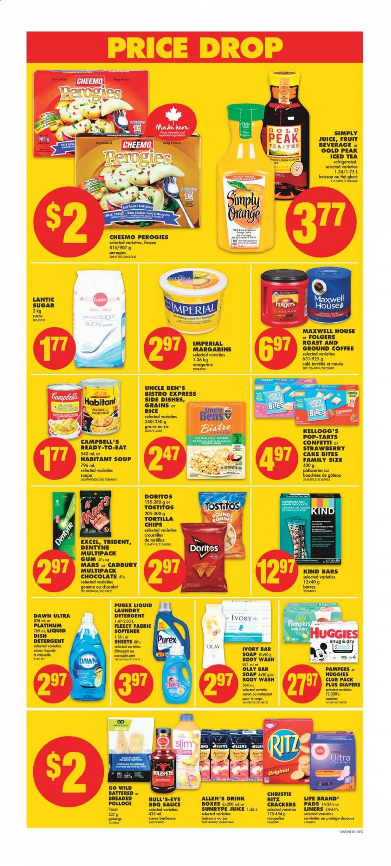 thumbnail - No Frills Flyer - May 13, 2021 - May 19, 2021 - Sales products - cake, pollock, Campbell's, soup, sauce, ham, cheese, margarine, chocolate, Mars, crackers, Kellogg's, Cadbury, Trident, Pop-Tarts, RITZ, Doritos, tortilla chips, Tostitos, sugar, Uncle Ben's, rice, BBQ sauce, juice, ice tea, Maxwell House, coffee, Folgers, ground coffee, L'Or, nappies, fabric softener, laundry detergent, Purex, body wash, soap bar, soap, Olay, Huggies, Pampers. Page 6.