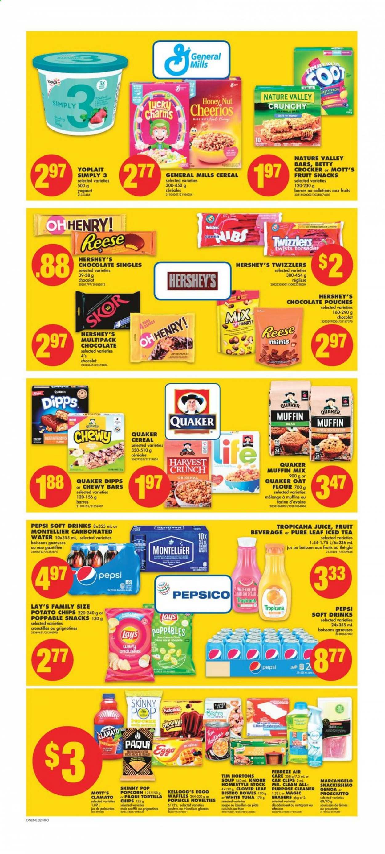 thumbnail - No Frills Flyer - May 13, 2021 - May 19, 2021 - Sales products - waffles, muffin mix, watermelon, Mott's, tuna, soup, Quaker, Clover, Yoplait, sour cream, Hershey's, chocolate, Kellogg's, fruit snack, tortilla chips, potato chips, Lay’s, popcorn, Skinny Pop, oats, cereals, Cheerios, Nature Valley, Pepsi, juice, ice tea, Clamato, soft drink, Pure Leaf, L'Or, Febreze, cleaner, Knorr, chips. Page 7.