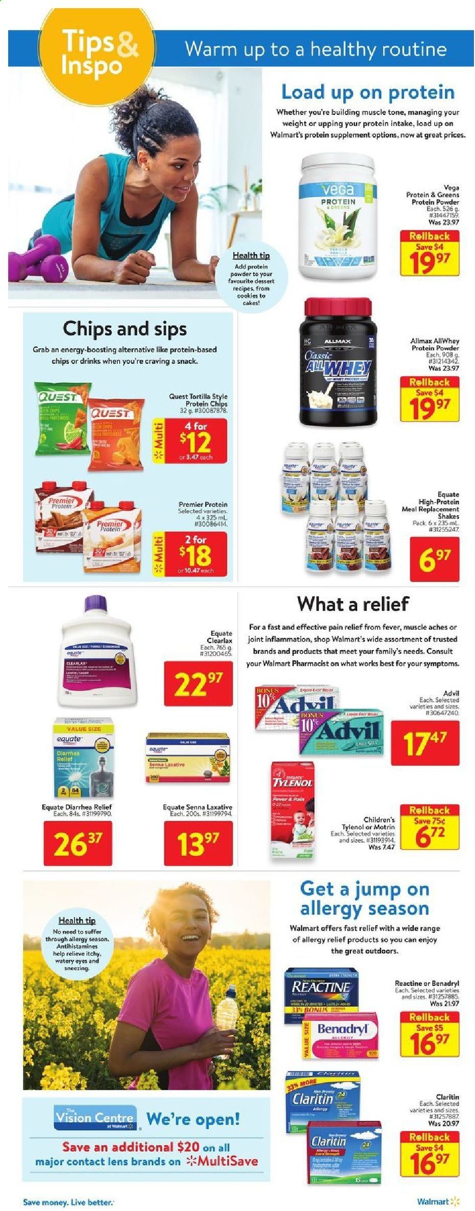 thumbnail - Walmart Flyer - May 13, 2021 - May 19, 2021 - Sales products - tortillas, cake, shake, snack, lens, pain relief, Tylenol, Advil Rapid, whey protein, laxative, allergy relief, Motrin, chips. Page 6.