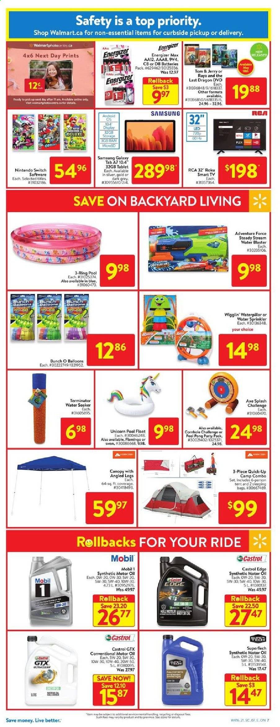 thumbnail - Walmart Flyer - May 13, 2021 - May 19, 2021 - Sales products - Samsung Galaxy, Samsung Galaxy Tab, oil, balloons, DVD, RCA, TV, sleeping bag, tent, soaker, water blaster, pool, Mobil, motor oil, Castrol, Samsung, smart tv, tablet, Nintendo Switch. Page 10.