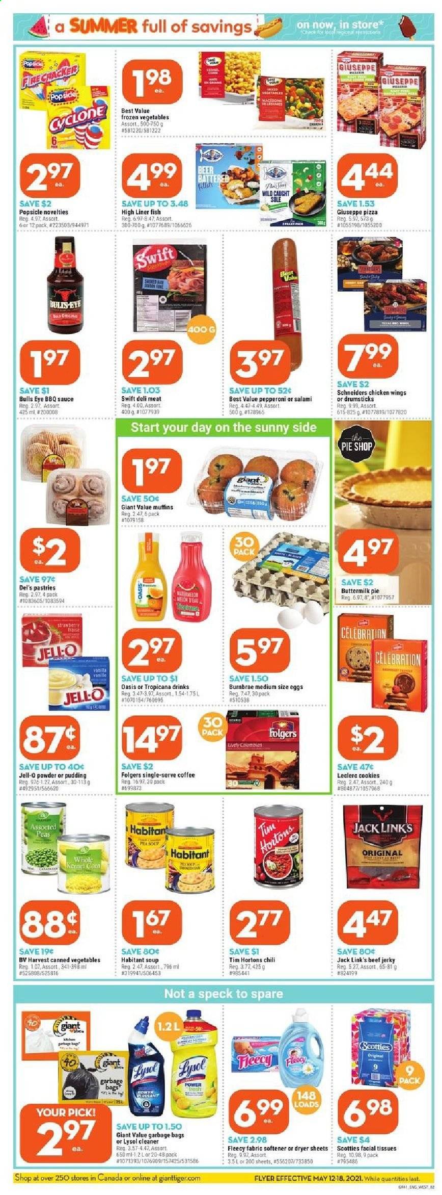 thumbnail - Giant Tiger Flyer - May 12, 2021 - May 18, 2021 - Sales products - muffin, peas, fish, pizza, soup, sauce, beef jerky, salami, jerky, pepperoni, pudding, buttermilk, eggs, frozen vegetables, chicken wings, cookies, Celebration, Jack Link's, Jell-O, canned vegetables, BBQ sauce, coffee, Folgers, L'Or, beer, tissues, cleaner, Lysol, fabric softener, dryer sheets, facial tissues, bag, pen. Page 2.