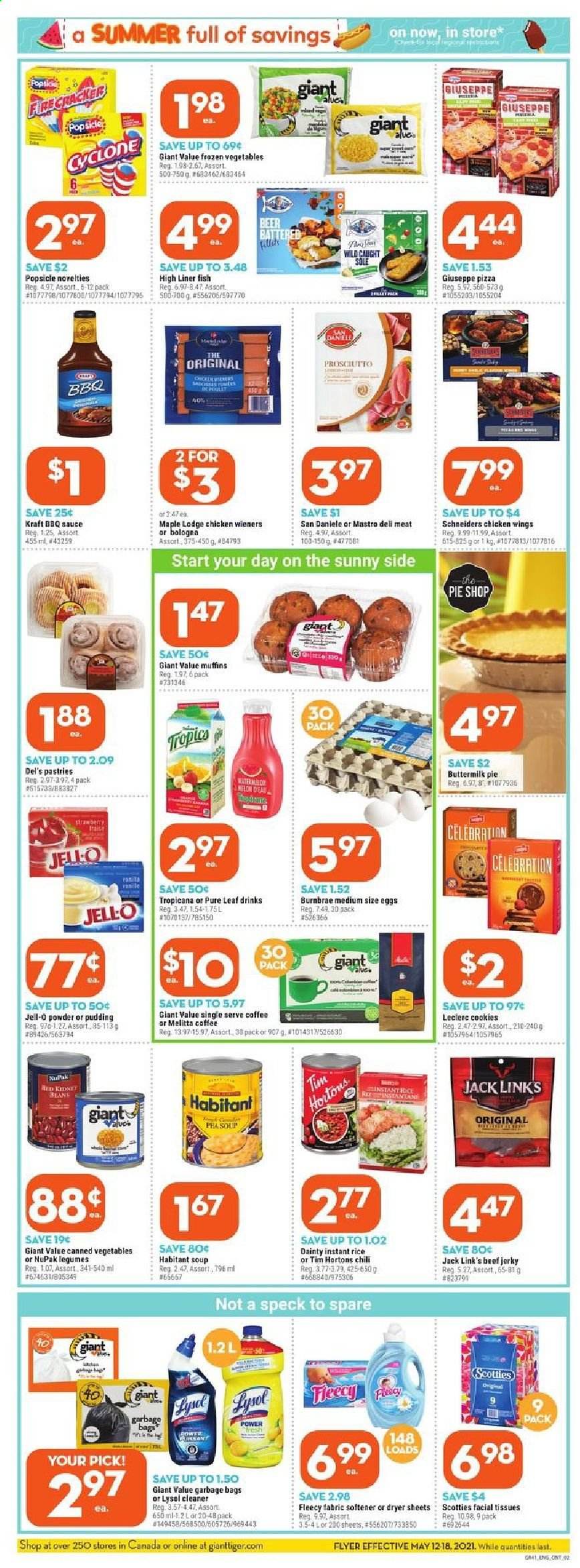 thumbnail - Giant Tiger Flyer - May 12, 2021 - May 18, 2021 - Sales products - muffin, watermelon, fish, pizza, soup, sauce, Kraft®, beef jerky, jerky, prosciutto, bologna sausage, pudding, buttermilk, eggs, frozen vegetables, chicken wings, cookies, Celebration, Jack Link's, Jell-O, canned vegetables, BBQ sauce, Pure Leaf, coffee, L'Or, beer, tissues, cleaner, fabric softener, dryer sheets, facial tissues, bag. Page 2.