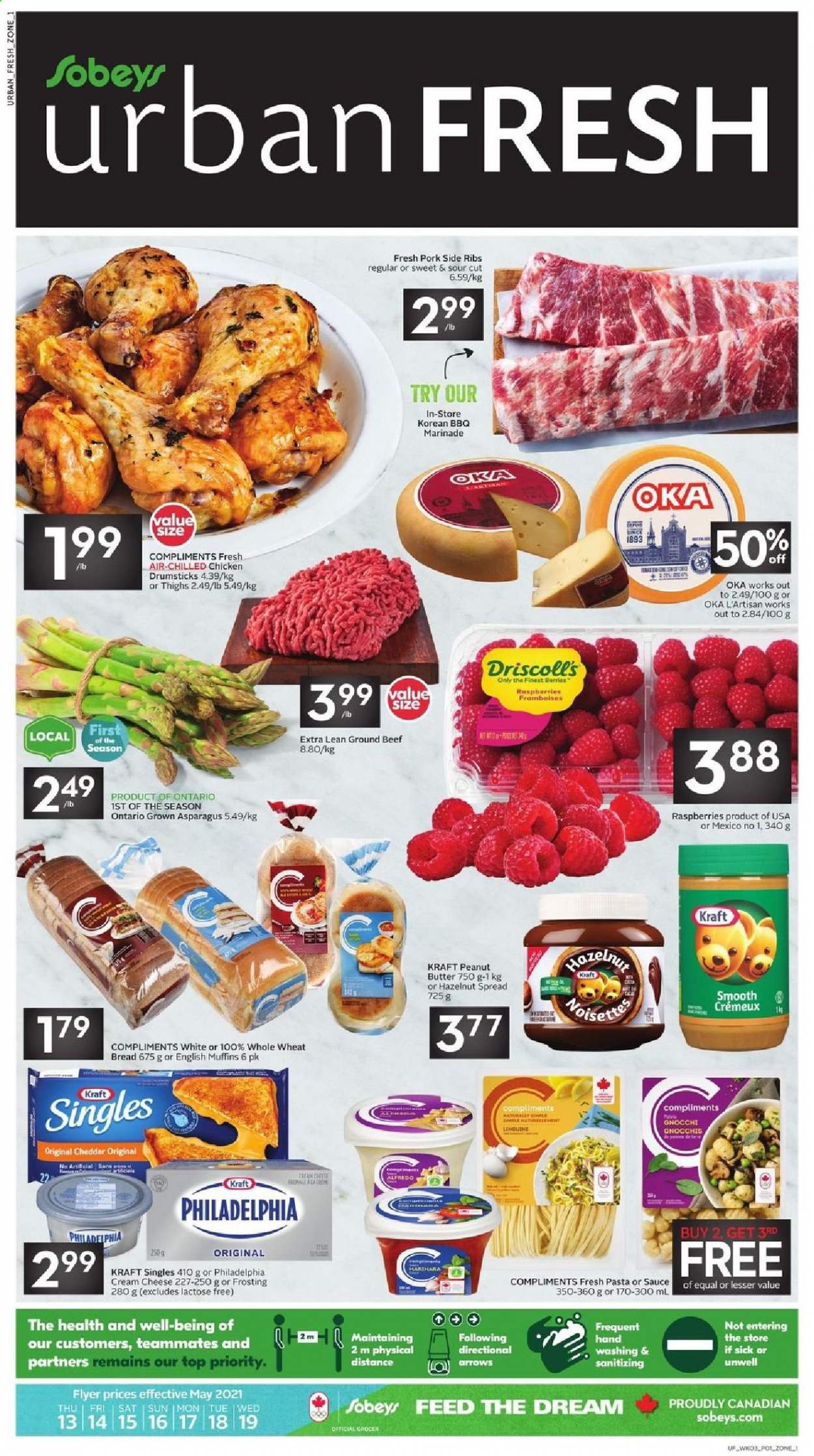 thumbnail - Sobeys Urban Fresh Flyer - May 13, 2021 - May 19, 2021 - Sales products - english muffins, wheat bread, asparagus, Kraft®, cream cheese, sandwich slices, cheddar, cheese, Kraft Singles, frosting, marinade, peanut butter, hazelnut spread, chicken drumsticks, chicken, beef meat, ground beef, gnocchi. Page 1.
