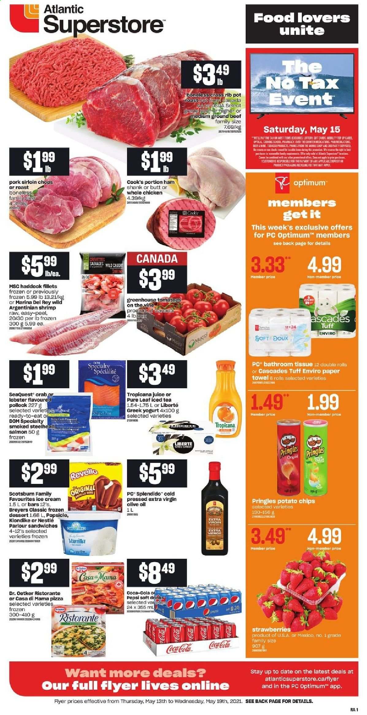 thumbnail - Atlantic Superstore Flyer - May 13, 2021 - May 19, 2021 - Sales products - strawberries, lobster, salmon, haddock, pollock, crab, shrimps, pizza, sandwich, ham, ham shank, Cook's, Dr. Oetker, greek yoghurt, yoghurt, ice cream, potato chips, Pringles, extra virgin olive oil, olive oil, oil, Coca-Cola, Pepsi, juice, ice tea, soft drink, Pure Leaf, beer, whole chicken, chicken, beef meat, ground beef, pork loin, bath tissue, paper towels, Optimum, pot, Nestlé. Page 1.