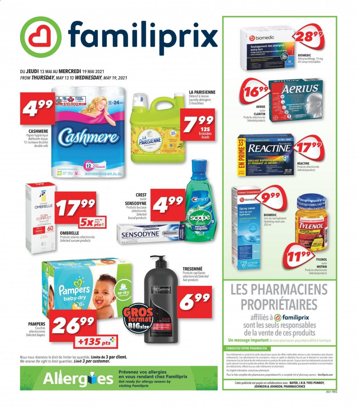thumbnail - Familiprix Flyer - May 13, 2021 - May 19, 2021 - Sales products - nappies, Johnson's, bath tissue, laundry detergent, Jet, Crest, TRESemmé, Tylenol, Bayer, Motrin, Pampers, Sensodyne. Page 1.