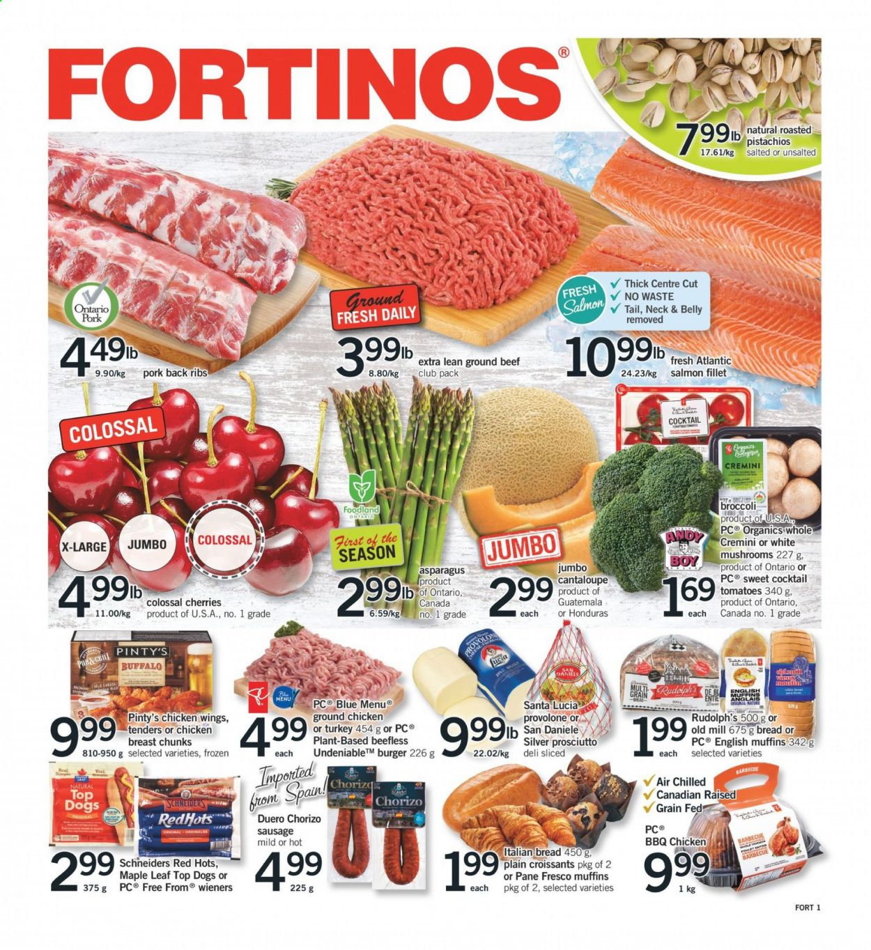 thumbnail - Circulaire Fortinos - 13 Mai 2021 - 19 Mai 2021 - Produits soldés - croissant, pain, poulet, viande de poulet, chorizo, barbecue. Page 1.