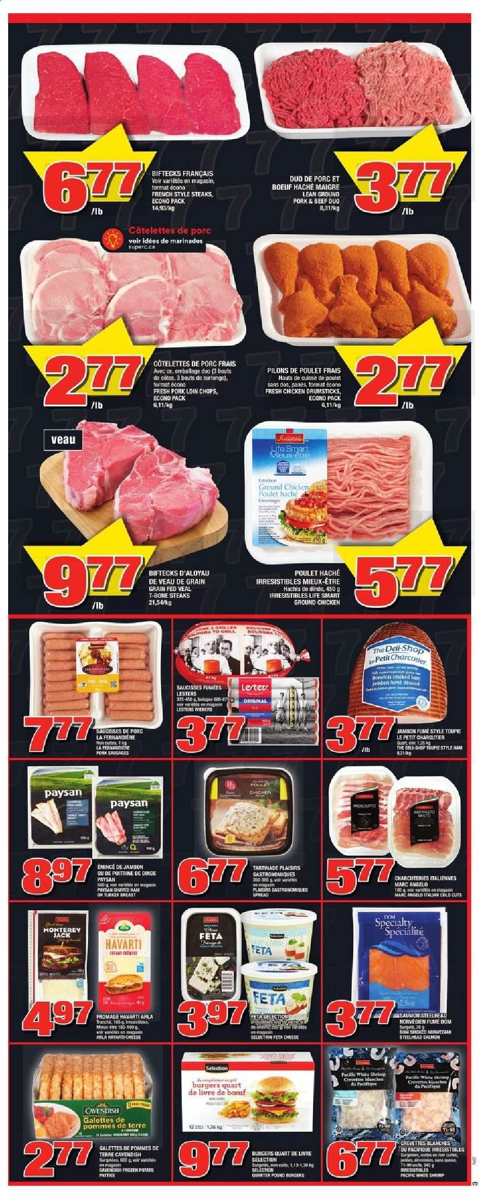 thumbnail - Super C Flyer - May 13, 2021 - May 19, 2021 - Sales products - salmon, shrimps, hamburger, ham, smoked ham, sausage, Monterey Jack cheese, Havarti, cheese, feta, Arla, ground chicken, turkey breast, chicken drumsticks, chicken, turkey, beef meat, t-bone steak, ground pork, pork chops, pork loin, pork meat, steak. Page 4.