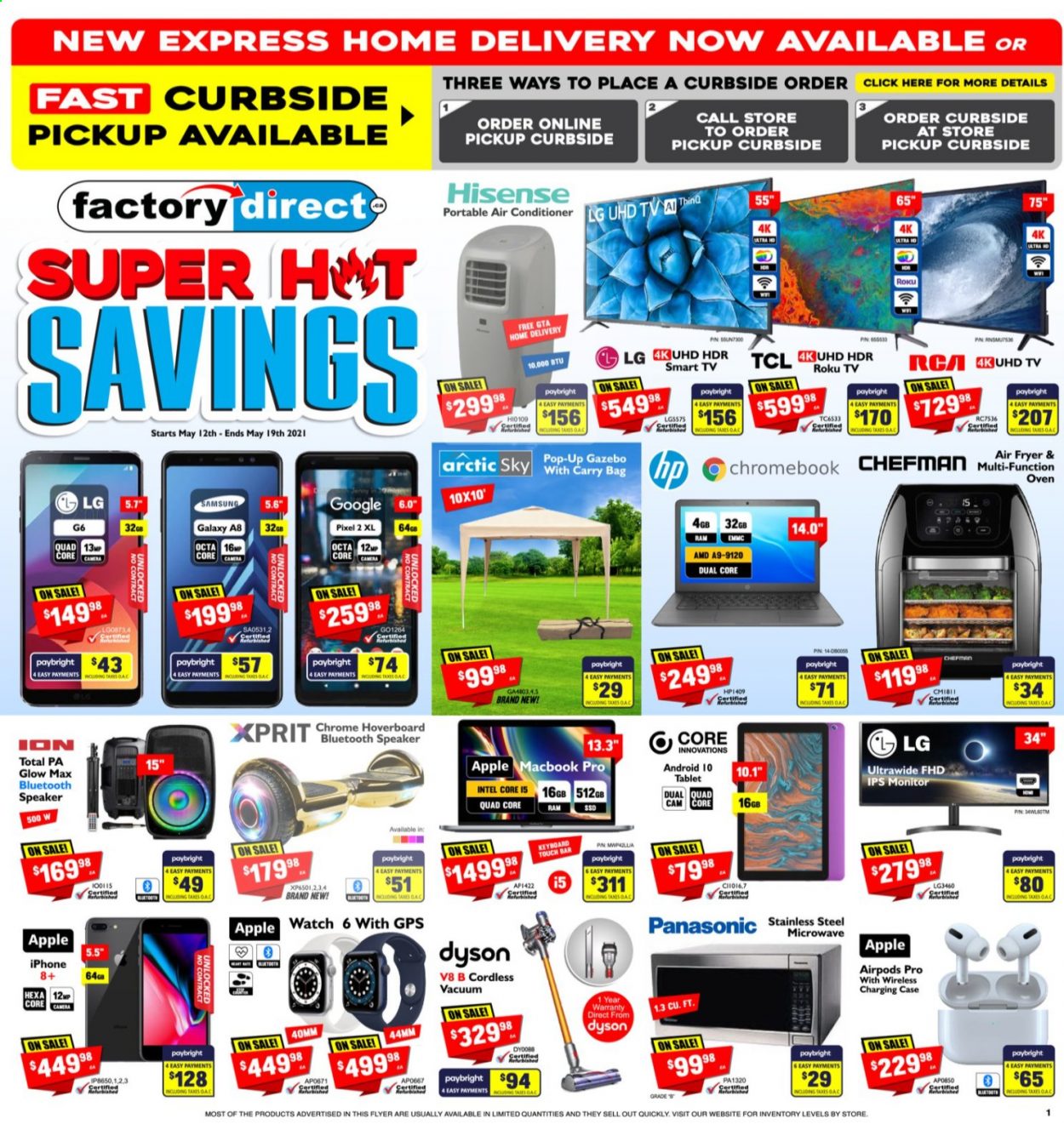 thumbnail - Factory Direct Flyer - May 12, 2021 - May 19, 2021 - Sales products - Intel, Apple, tablet, pin, Samsung, iPhone, Apple Watch 6, chromebook, MacBook, RCA, keyboard, roku tv, UHD TV, ultra hd, TV, speaker, bluetooth speaker, Airpods, oven, microwave, air conditioner, portable air conditioner, Chefman, air fryer, LG, monitor, smart tv, TCL, Panasonic, Dyson, Hisense. Page 1.
