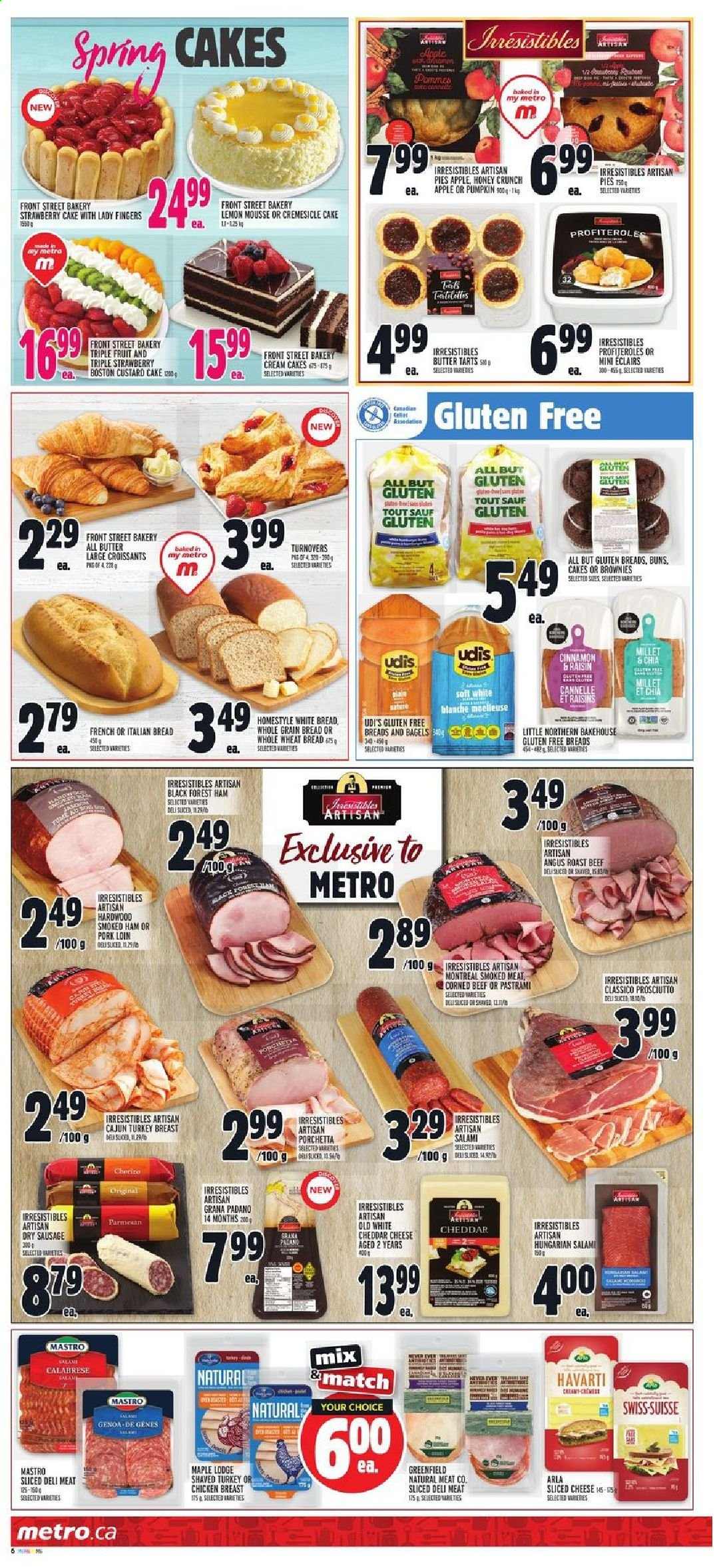thumbnail - Metro Flyer - May 13, 2021 - May 19, 2021 - Sales products - bagels, wheat bread, white bread, cake, croissant, buns, turnovers, brownies, custard cake, pumpkin, salami, ham, prosciutto, pastrami, smoked ham, sausage, corned beef, sliced cheese, Havarti, cheddar, parmesan, cheese, Arla, Grana Padano, lady fingers, cinnamon, Classico, honey, dried fruit, turkey breast, chicken breasts, chicken, turkey, beef meat, roast beef, pork loin, pork meat, raisins. Page 8.