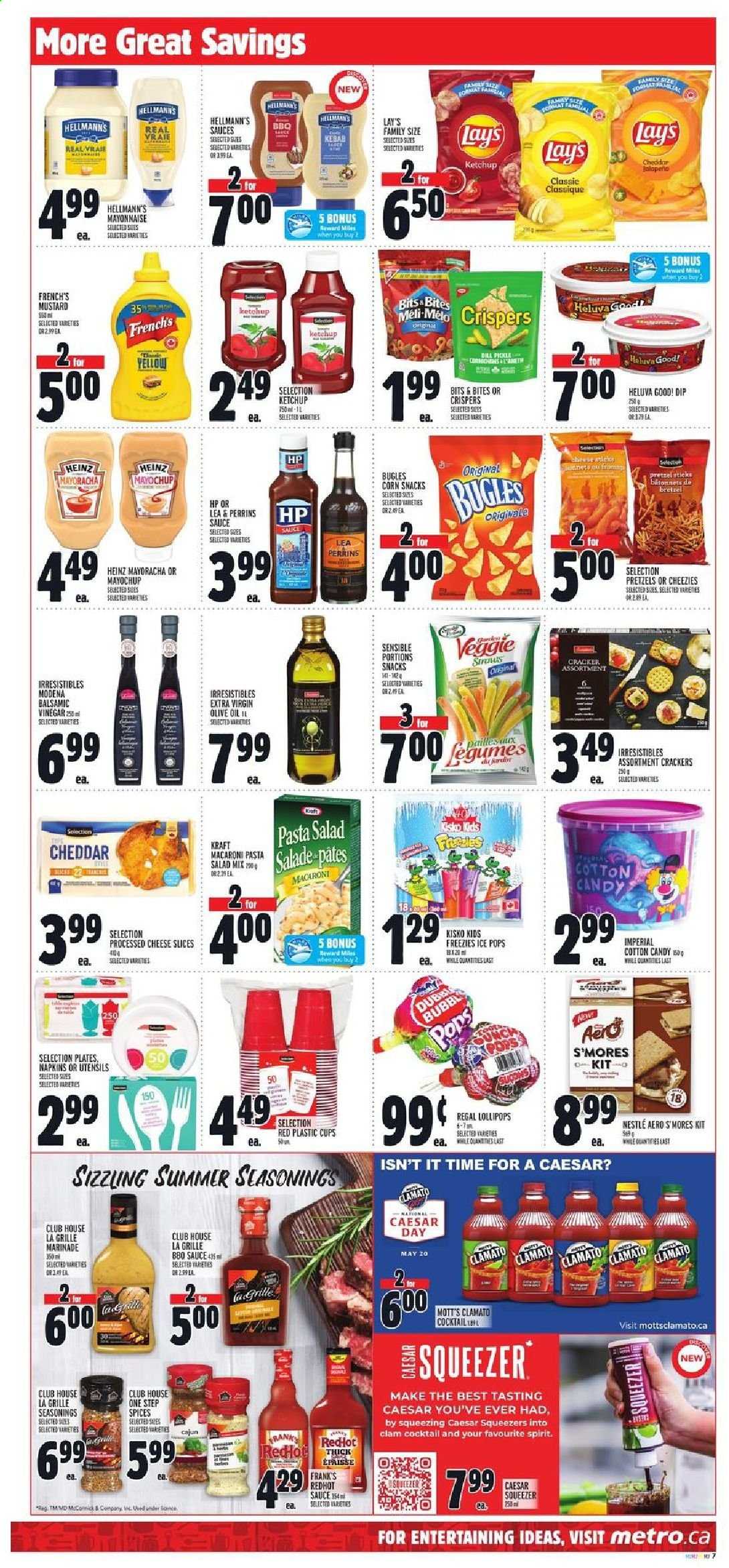 thumbnail - Metro Flyer - May 13, 2021 - May 19, 2021 - Sales products - pretzels, salad, jalapeño, Mott's, clams, macaroni, pasta, Kraft®, pasta salad, sliced cheese, cheddar, cheese, dip, Hellmann’s, snack, cotton candy, crackers, lollipop, dill pickle, Lay’s, Heinz, dill, mustard, marinade, balsamic vinegar, extra virgin olive oil, vinegar, olive oil, oil, Clamato, napkins, utensils, plate, cup, squeezer, Nestlé. Page 10.