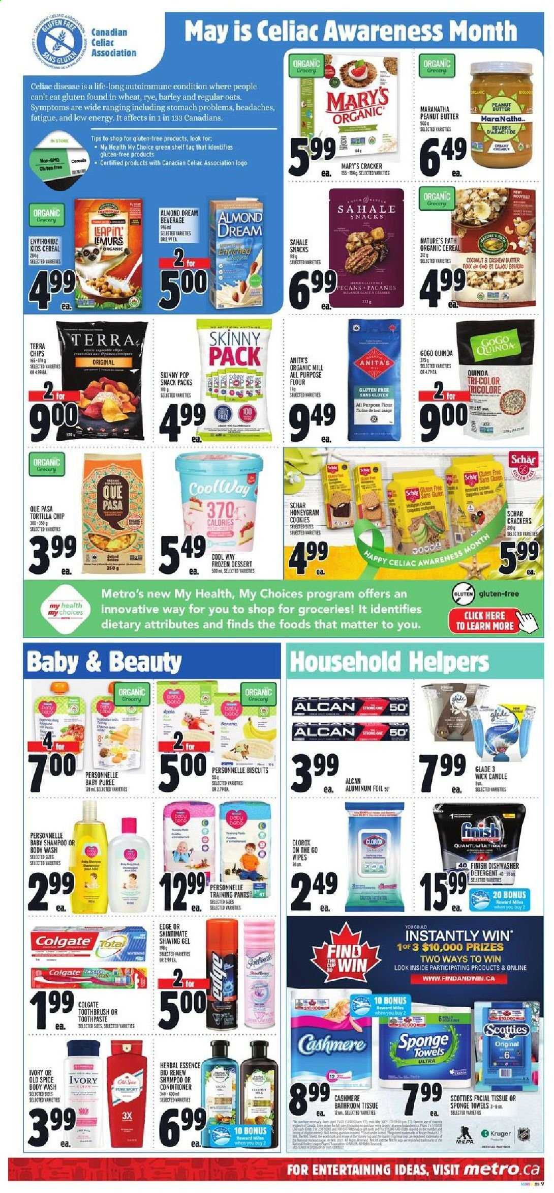 thumbnail - Metro Flyer - May 13, 2021 - May 19, 2021 - Sales products - tortillas, cookies, snack, crackers, biscuit, Skinny Pop, all purpose flour, oats, cereals, spice, peanut butter, pecans, sake, wipes, pants, baby pants, bath tissue, Clorox, body wash, toothbrush, toothpaste, conditioner, sponge, aluminium foil, candle, Glade, towel, quinoa, shampoo, Old Spice. Page 12.