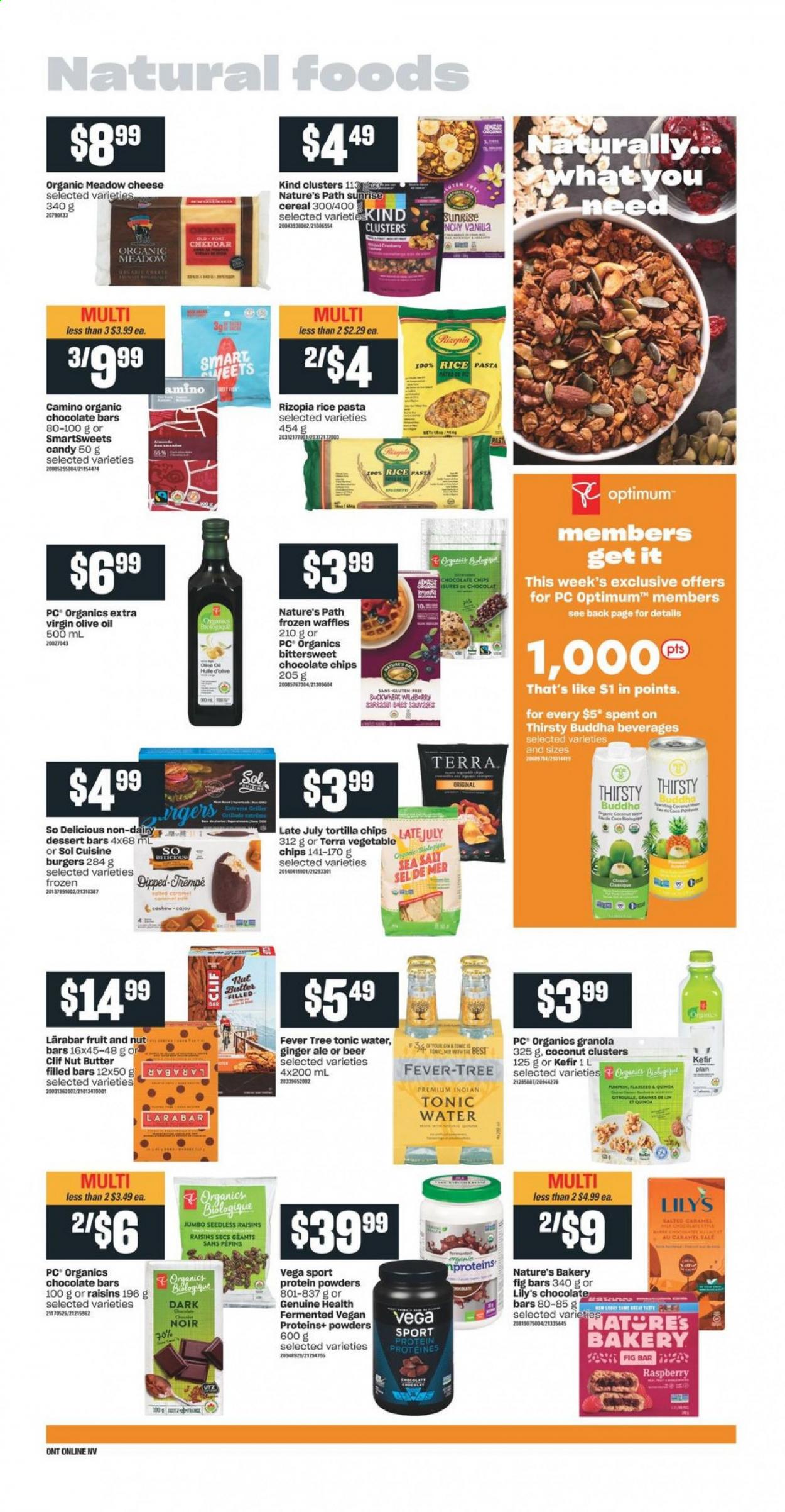 thumbnail - Independent Flyer - May 13, 2021 - May 19, 2021 - Sales products - waffles, coconut, hamburger, pasta, cheese, kefir, chocolate bar, tortilla chips, vegetable chips, cereals, nut bar, buckwheat, rice, extra virgin olive oil, olive oil, oil, nut butter, ginger ale, tonic, beer, Sol, Optimum, granola. Page 11.