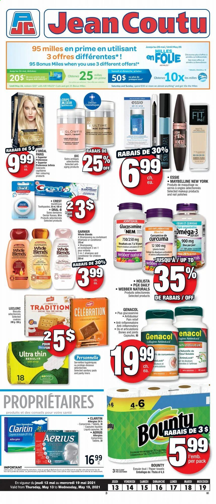 thumbnail - Jean Coutu Flyer - May 13, 2021 - May 19, 2021 - Sales products - cookies, Bounty, Celebration, tea, kitchen towels, paper towels, Crest, sanitary pads, L’Oréal, conditioner, Eclat, makeup, pain relief, Omega-3, Garnier, Maybelline, shampoo, Oral-B. Page 1.