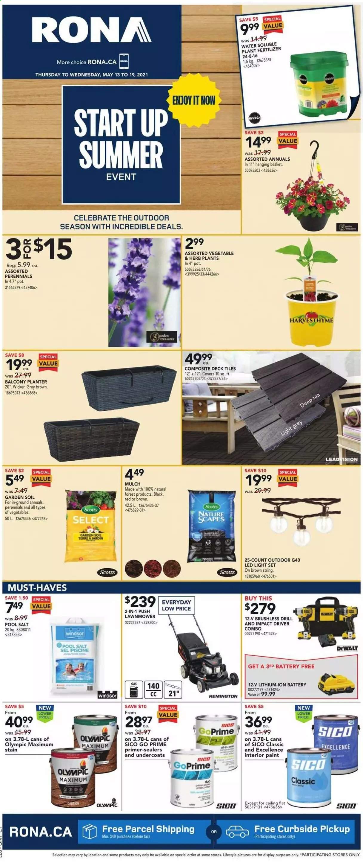thumbnail - RONA Flyer - May 13, 2021 - May 19, 2021 - Sales products - paint, LED light, light set, DeWALT, drill, impact driver, lawn mower, pool salt, pot, fertilizer, garden soil, garden mulch, Remington. Page 1.