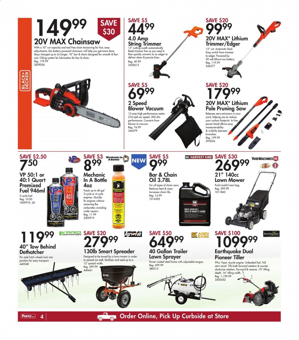 thumbnail - Peavey Mart Flyer - May 14, 2021 - May 19, 2021 - Sales products - pin, plant seeds, switch, Black & Decker, chain saw, saw, string trimmer, tractor, lawn mower, spreader, trimmer line, blower, fertilizer, sprayer, garden mulch, ice melter, trailer. Page 4.