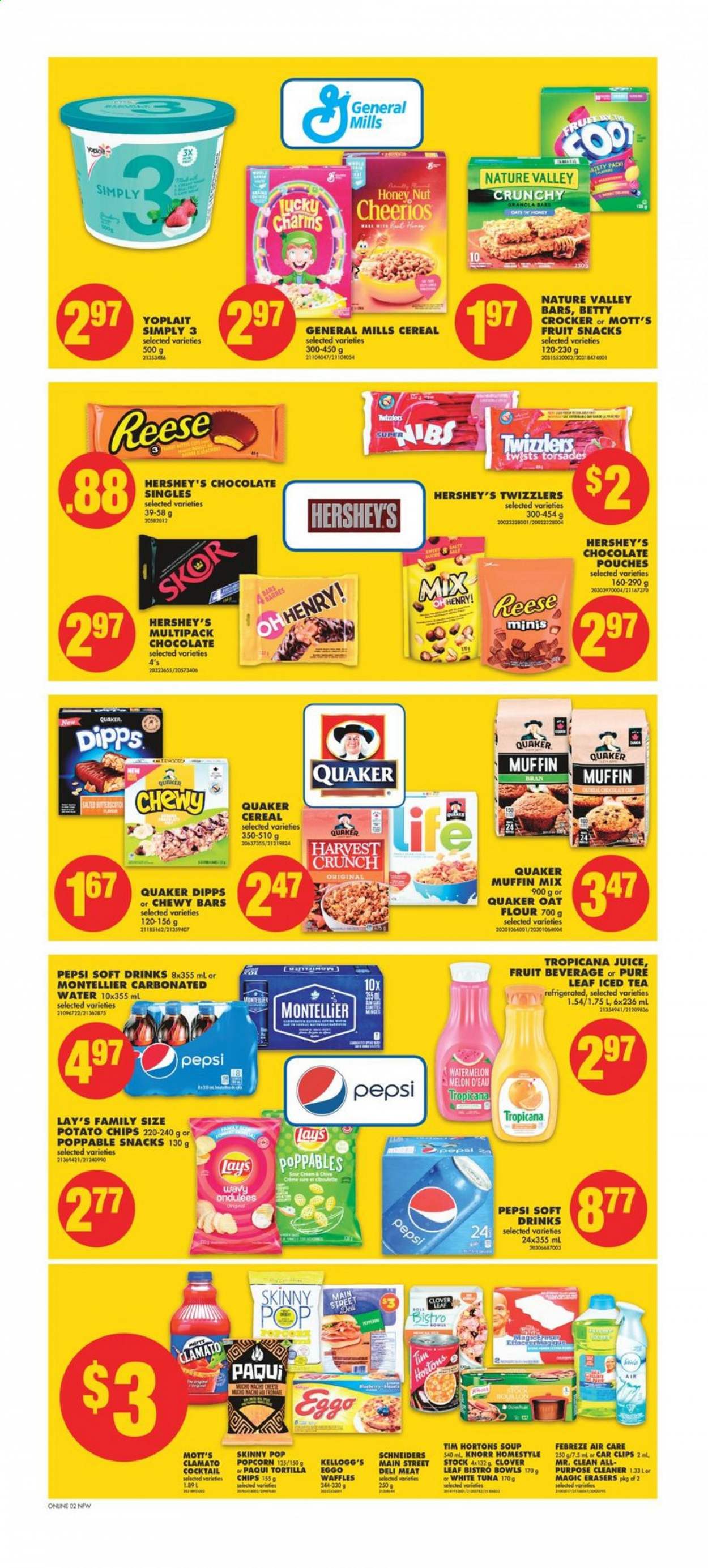 thumbnail - No Frills Flyer - May 14, 2021 - May 20, 2021 - Sales products - waffles, muffin mix, watermelon, melons, Mott's, tuna, soup, Quaker, cheese, Clover, Yoplait, Hershey's, chocolate, Kellogg's, fruit snack, tortilla chips, potato chips, Lay’s, popcorn, Skinny Pop, oats, cereals, Cheerios, Nature Valley, Pepsi, juice, ice tea, Clamato, soft drink, L'Or, Febreze, cleaner, Knorr, chips. Page 7.