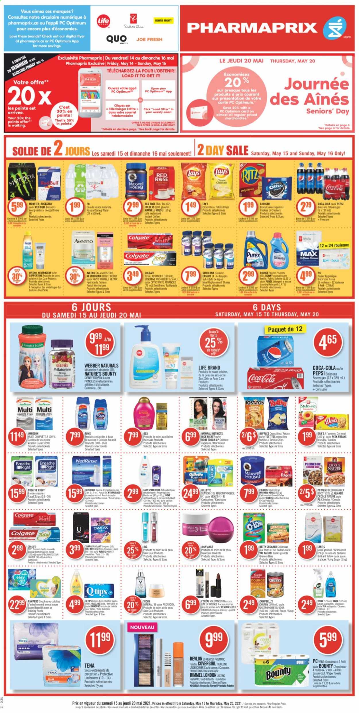 thumbnail - Pharmaprix Flyer - May 15, 2021 - May 20, 2021 - Sales products - Campbell's, soup, Quaker, Disney, shake, cookies, crackers, biscuit, fruit snack, RITZ, tortilla chips, potato chips, Lay’s, Ruffles, Tostitos, sugar, oatmeal, icing sugar, cereals, granola bar, dried fruit, Coca-Cola, Pepsi, energy drink, Monster, Red Bull, Rockstar, spring water, Boost, Maxwell House, tea, instant coffee, Folgers, coffee capsules, K-Cups, rosé wine, pants, nappies, Johnson's, baby pants, Aveeno, tissues, kitchen towels, paper towels, fabric softener, laundry detergent, Bounce, Purex, body wash, Vichy, Vaseline, soap bar, soap, toothpaste, Kotex, tampons, Always Infinity, L’Oréal, moisturizer, OGX, Root Touch-Up, Revlon, hair color, keratin, anti-perspirant, Speed Stick, Venus, corrector, lipstick, Rimmel, eyeliner, princess, rose, Melatonin, multivitamin, Nature's Bounty, Glucerna, Antacid, nasal spray, Oreo, Gillette, mascara, Neutrogena, raisins, Tampax, Palette, Pampers. Page 1.