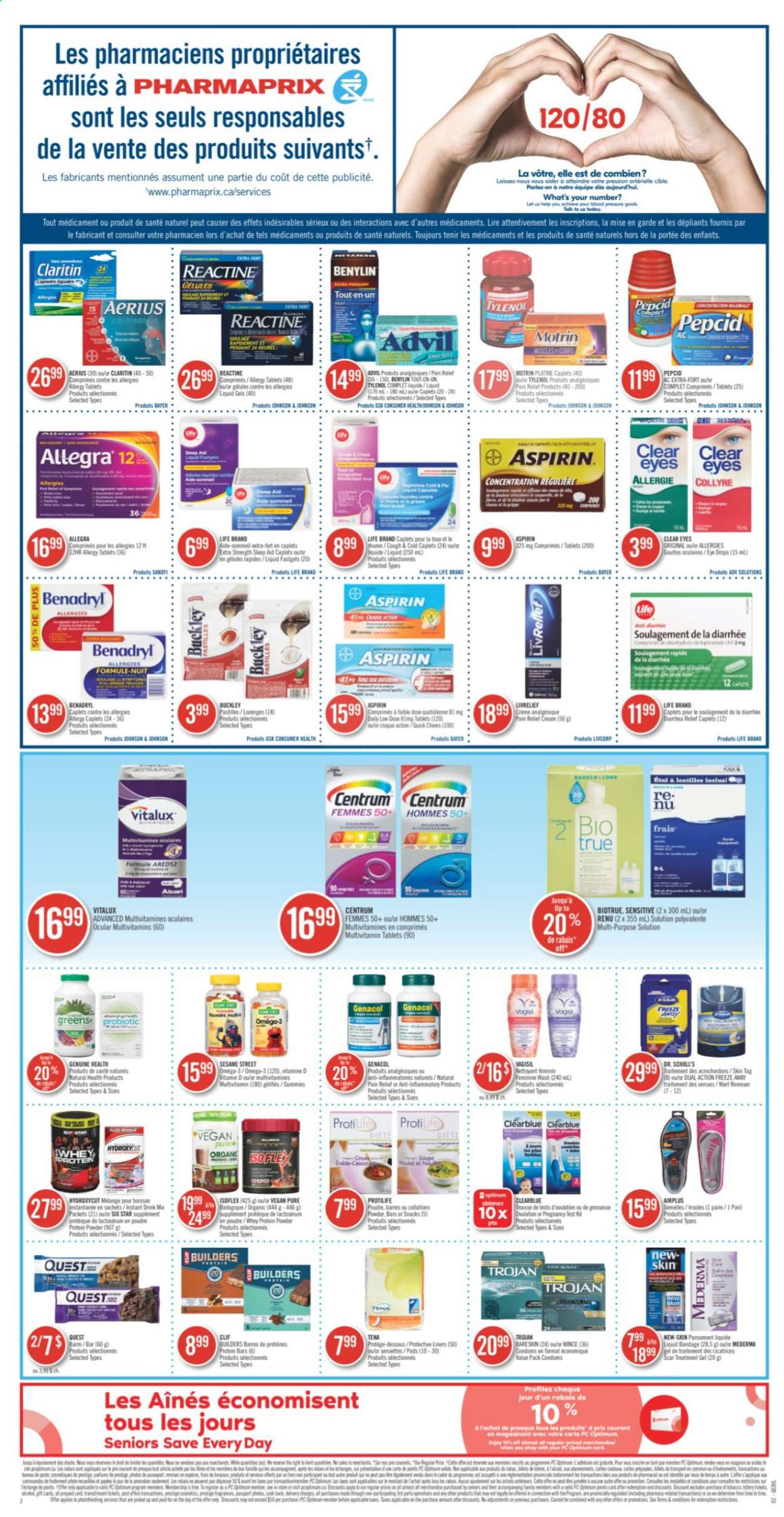 thumbnail - Pharmaprix Flyer - May 15, 2021 - May 20, 2021 - Sales products - chewing gum, pastilles, Sesame Street, protein bar, Johnson's, pendant, pain relief, multivitamin, Tylenol, Pepcid, Omega-3, Biotrue, eye drops, Advil Rapid, whey protein, Low Dose, aspirin, Centrum, Bayer, Benylin, Motrin, Dr. Scholl's. Page 2.