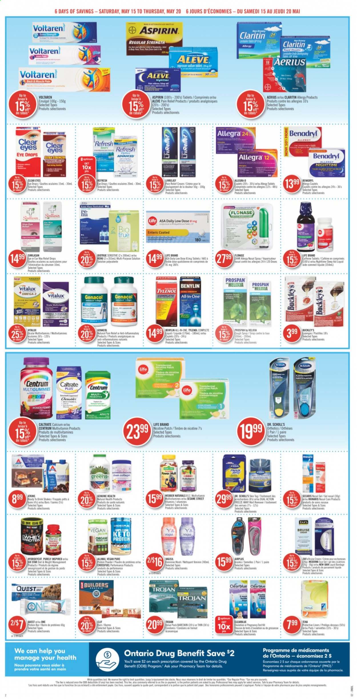 thumbnail - Shoppers Drug Mart Flyer - May 15, 2021 - May 20, 2021 - Sales products - pastilles, Sesame Street, protein bar, syrup, Cif, pain relief, Aleve, multivitamin, Tylenol, probiotics, Omega-3, Biotrue, eye drops, whey protein, Low Dose, aspirin, Centrum, Benylin, nasal spray, Dr. Scholl's. Page 2.
