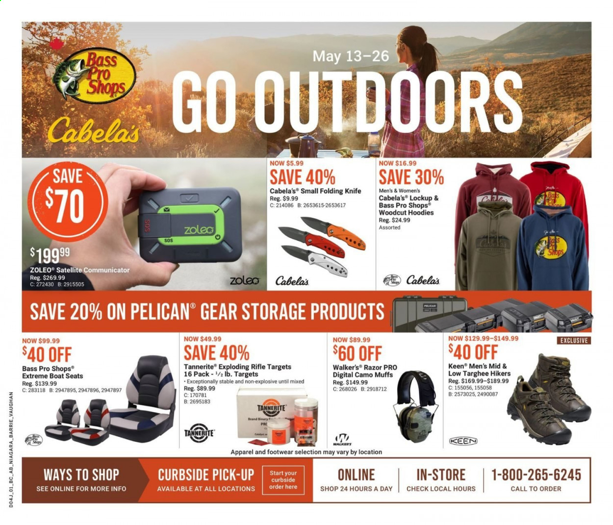 thumbnail - Bass Pro Shops Flyer - May 13, 2021 - May 26, 2021 - Sales products - satellite, hoodie, hiking shoes, razor, boat seat, Bass Pro, folding knife. Page 1.