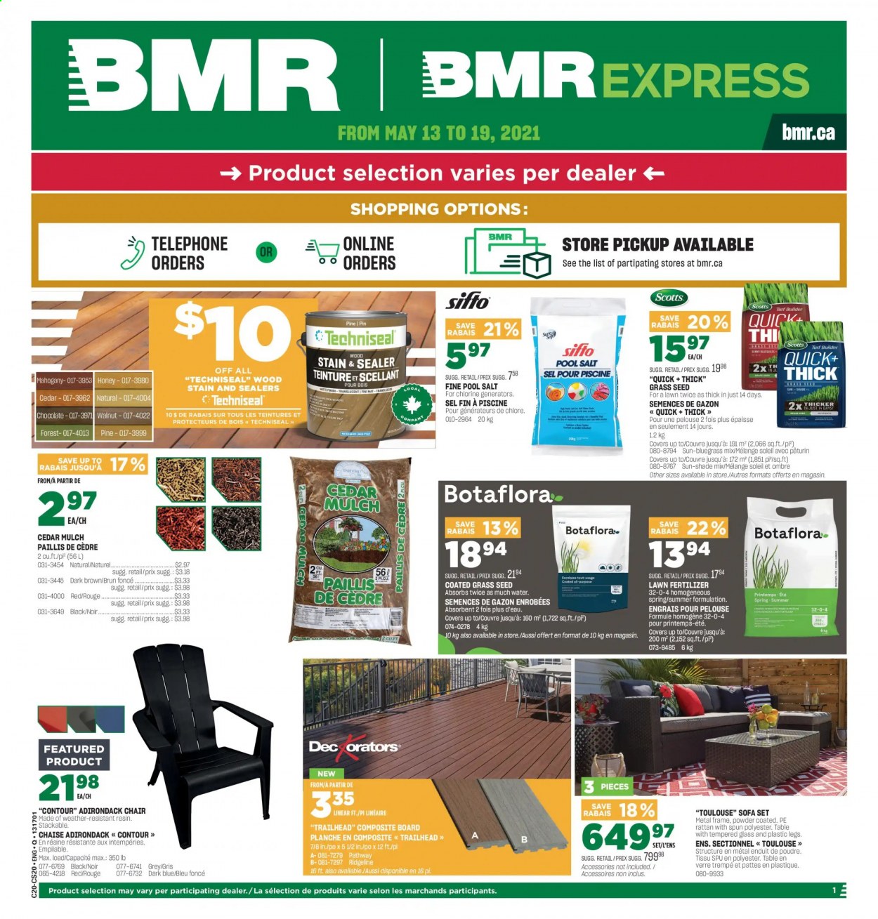 thumbnail - BMR Flyer - May 13, 2021 - May 19, 2021 - Sales products - plant seeds, table, chair, sofa, metal frame, pool salt, fertilizer, turf builder, grass seed, garden mulch. Page 1.