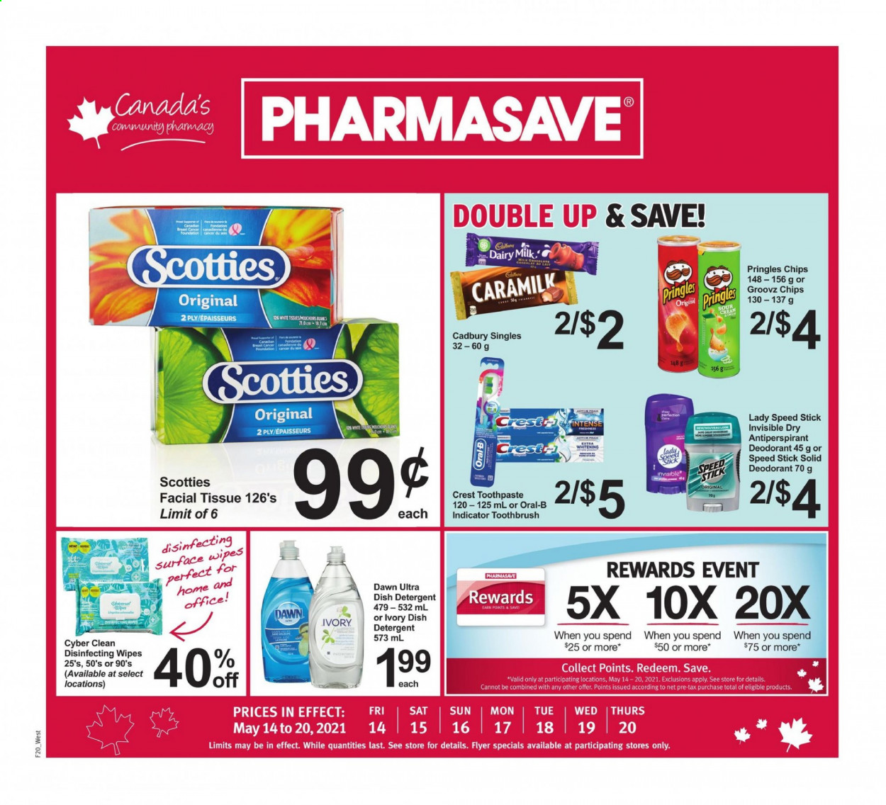thumbnail - Pharmasave Flyer - May 14, 2021 - May 20, 2021 - Sales products - sour cream, Cadbury, Dairy Milk, Pringles, wipes, tissues, toothbrush, toothpaste, Crest, anti-perspirant, Speed Stick, Oral-B, chips, deodorant. Page 1.