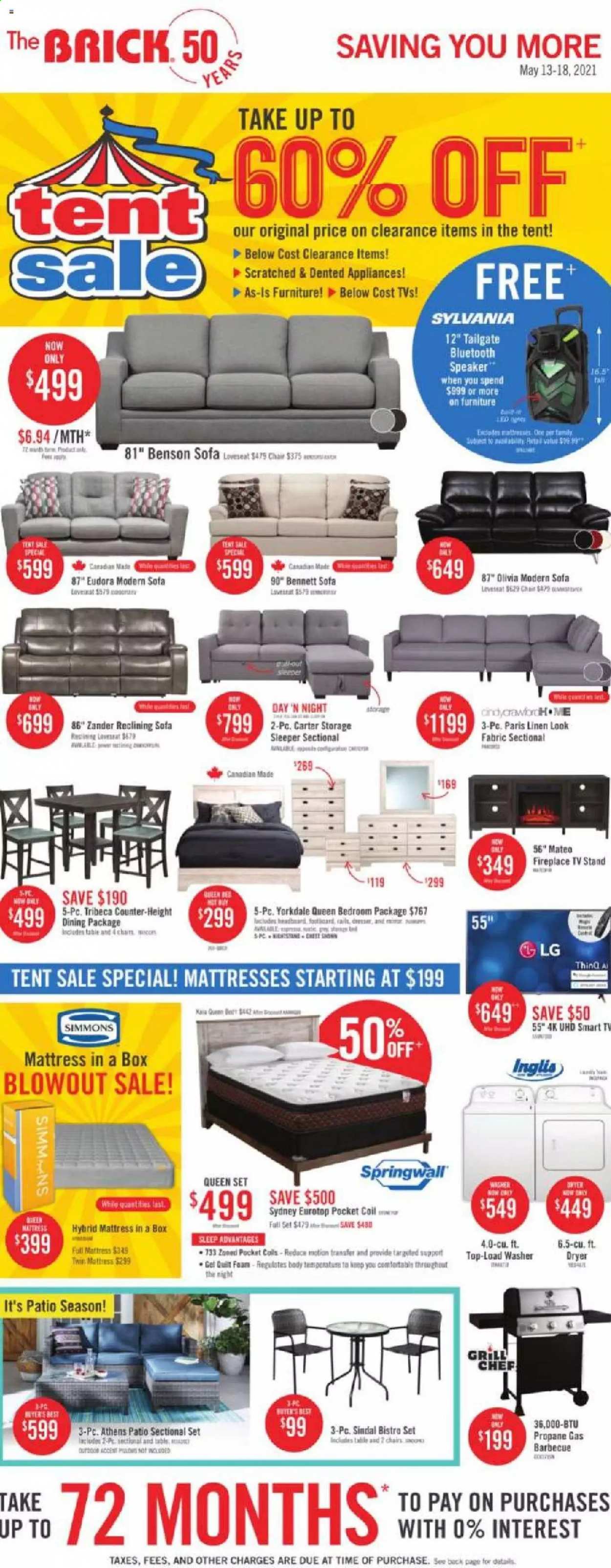 thumbnail - The Brick Flyer - May 13, 2021 - May 18, 2021 - Sales products - washing machine, chair, sofa, TV stand, mattress, Simmons, grill, LG, smart tv. Page 1.