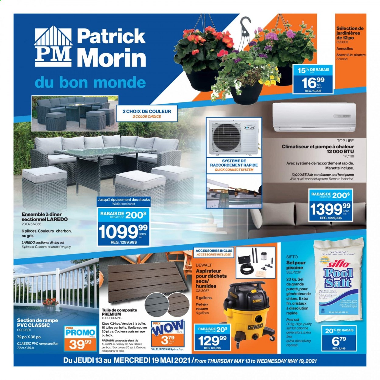 thumbnail - Patrick Morin Flyer - May 13, 2021 - May 19, 2021 - Sales products - dining set, charcoal, DeWALT, pump, pool salt. Page 1.