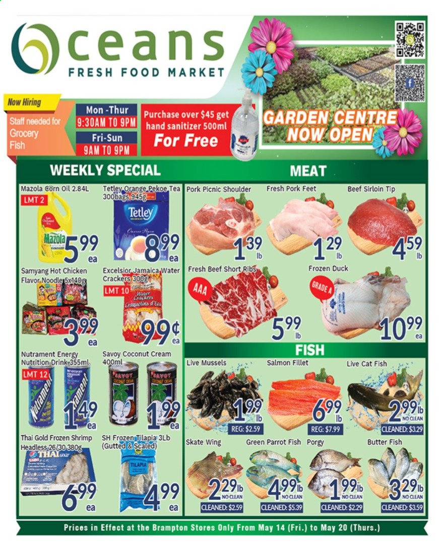 thumbnail - Oceans Flyer - May 14, 2021 - May 20, 2021 - Sales products - coconut, mussels, salmon, salmon fillet, tilapia, fish, shrimps, noodles, butter, crackers, corn oil, tea, whole duck, beef meat, beef ribs, beef sirloin, pork meat, hand sanitizer. Page 1.