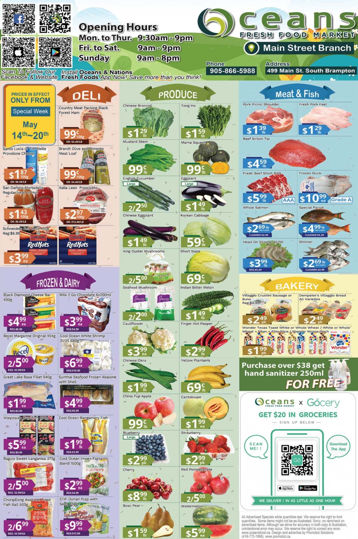 thumbnail - Oceans Flyer - May 14, 2021 - May 20, 2021 - Sales products - oyster mushrooms, mushrooms, bread, buns, wraps, broccoli, cantaloupe, okra, eggplant, watermelon, plantains, pears, Fuji apple, melons, pomegranate, salmon, oysters, seafood, shrimps, abalone, fried fish, fajita, mortadella, ham, prosciutto, sausage, cheese, Provolone, milk, margarine, chocolate, Santa, Fita, pepper, mustard, whole duck, beef meat, beef ribs, beef sirloin, pork meat, hand sanitizer, chinese broccoli. Page 1.