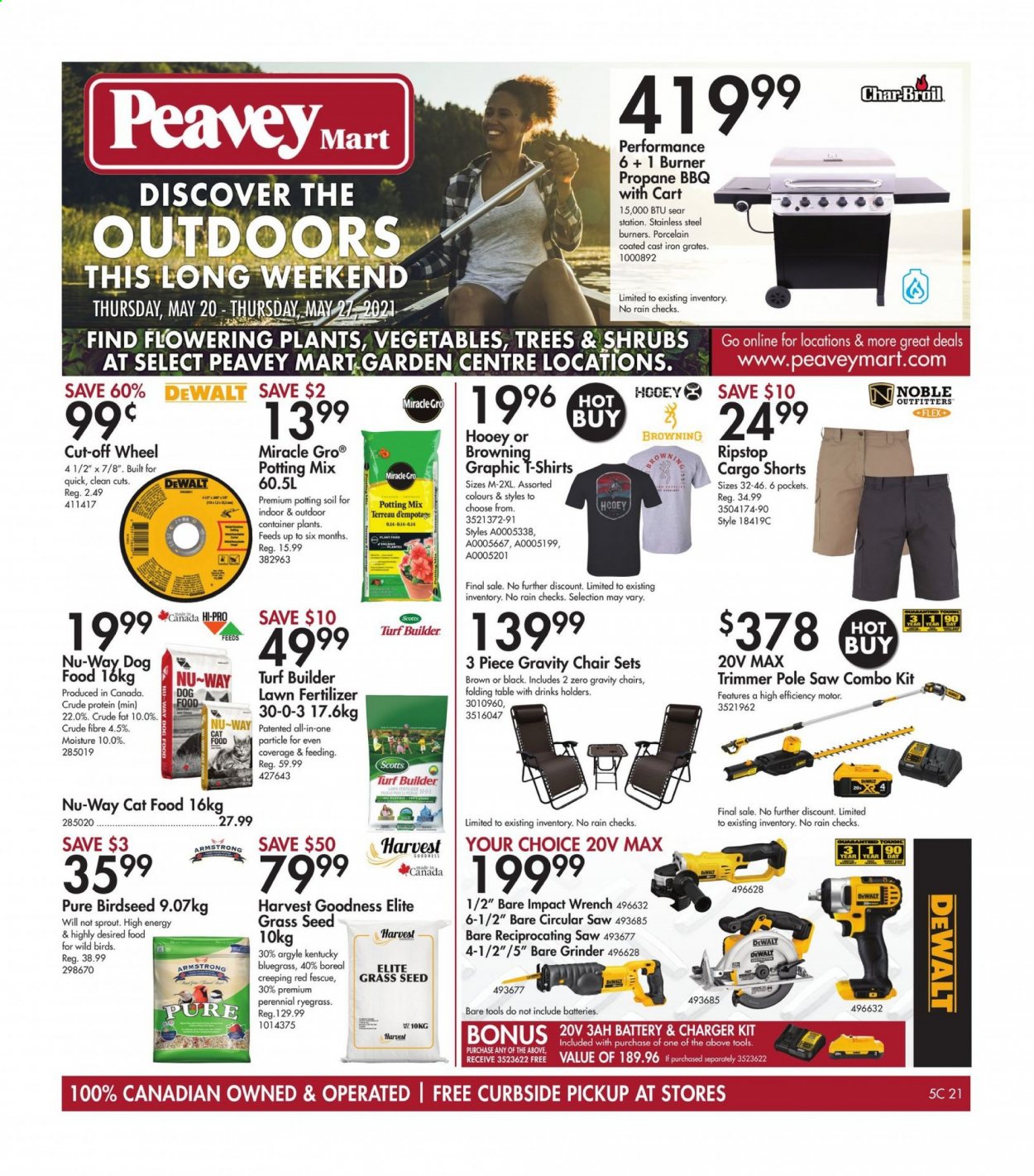 thumbnail - Peavey Mart Flyer - May 20, 2021 - May 27, 2021 - Sales products - animal food, cat food, dog food, plant seeds, table, folding table, t-shirt, DeWALT, grinder, circular saw, saw, reciprocating saw, combo kit, potting mix, fertilizer, turf builder, cart, grass seed, container, shorts. Page 1.