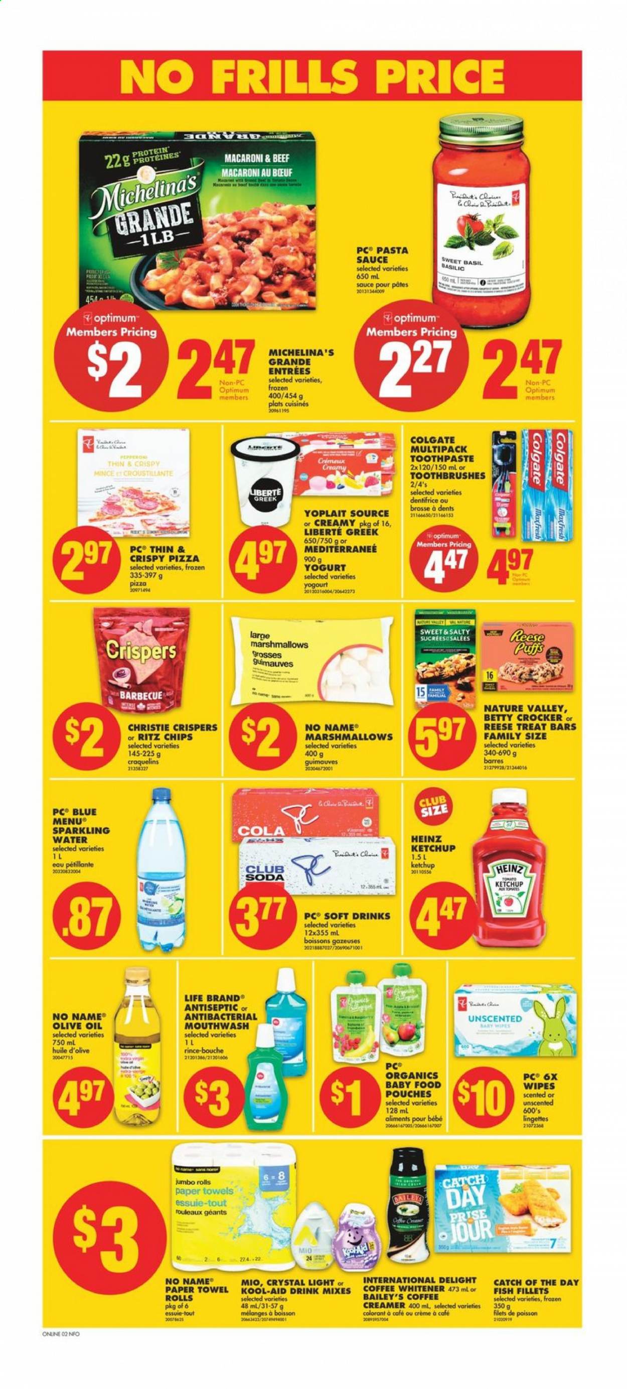 thumbnail - No Frills Flyer - May 20, 2021 - May 26, 2021 - Sales products - Ace, puffs, fish fillets, fish, No Name, pizza, pasta sauce, macaroni, sauce, yoghurt, Yoplait, creamer, marshmallows, RITZ, Heinz, Nature Valley, esponja, olive oil, oil, soft drink, Club Soda, sparkling water, Baileys, wipes, kitchen towels, paper towels, toothpaste, mouthwash, Optimum. Page 7.
