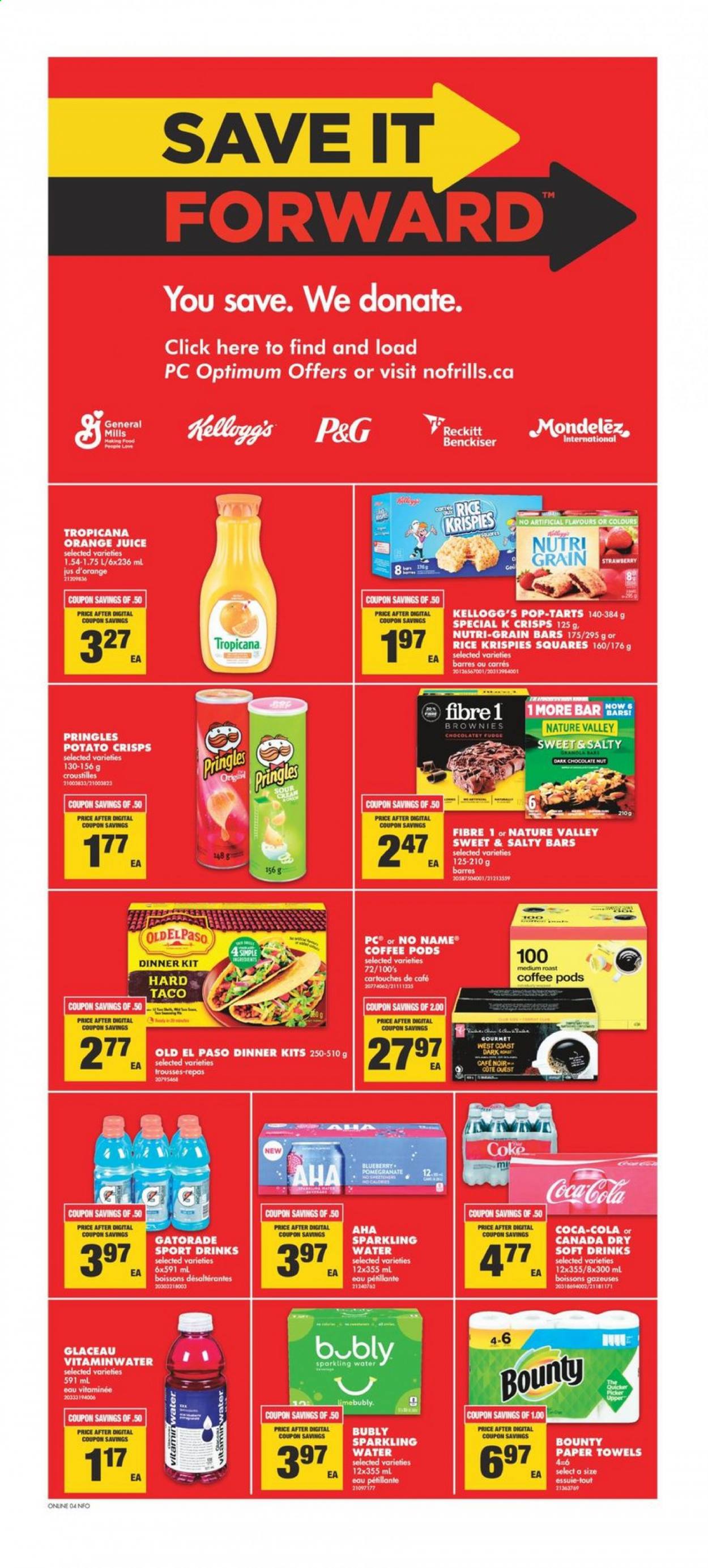 thumbnail - No Frills Flyer - May 20, 2021 - May 26, 2021 - Sales products - Old El Paso, brownies, No Name, dinner kit, sour cream, fudge, chocolate, Bounty, Kellogg's, dark chocolate, Pop-Tarts, potato crisps, Pringles, Rice Krispies, Nature Valley, Nutri-Grain, Canada Dry, Coca-Cola, orange juice, juice, soft drink, Gatorade, sparkling water, coffee pods, kitchen towels, paper towels, Optimum, granola. Page 9.
