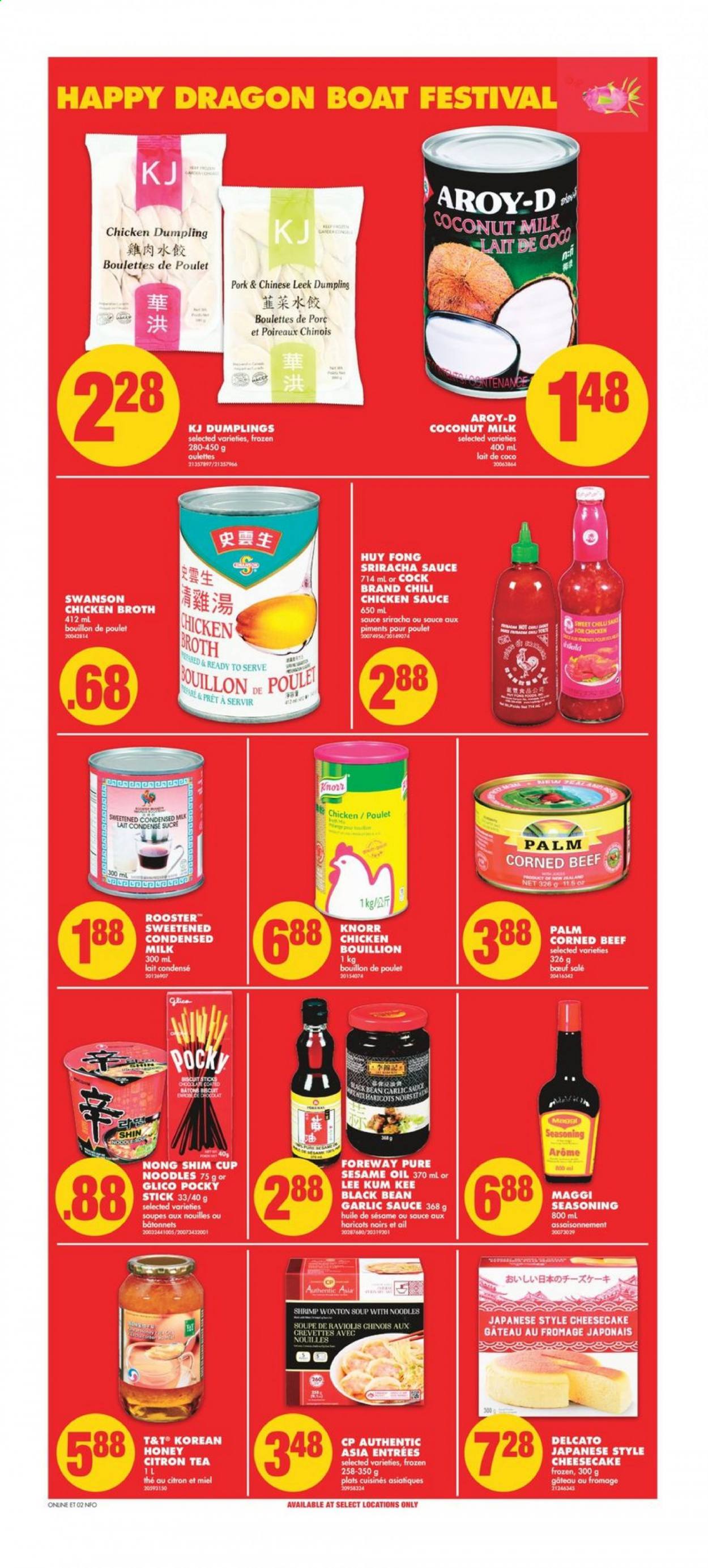 thumbnail - No Frills Flyer - May 20, 2021 - May 26, 2021 - Sales products - cheesecake, leek, shrimps, soup, sauce, dumplings, noodles cup, corned beef, condensed milk, bouillon, chicken broth, Maggi, broth, coconut milk, spice, sriracha, Lee Kum Kee, garlic sauce, sesame oil, oil, honey, tea, beef meat, Knorr. Page 11.