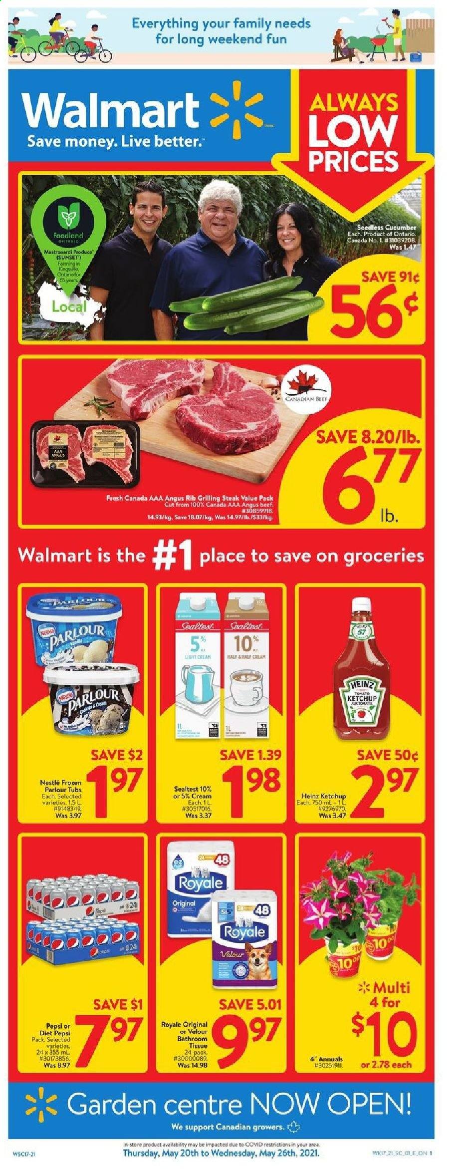thumbnail - Circulaire Walmart - 20 Mai 2021 - 26 Mai 2021 - Produits soldés - Nestlé, Pepsi, steak, Always, ketchup. Page 1.