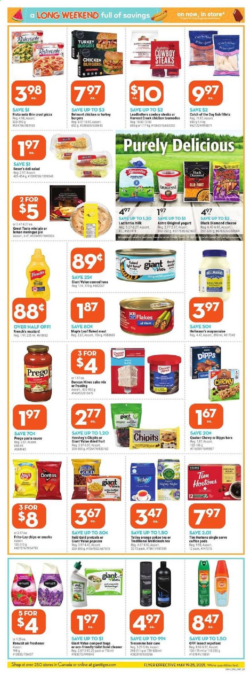 thumbnail - Giant Tiger Flyer - May 19, 2021 - May 25, 2021 - Sales products - pretzels, pie, cake mix, salad, fish fillets, tuna, fish, pizza, pasta sauce, hamburger, sauce, Quaker, ham, yoghurt, milk, butter, mayonnaise, Hellmann’s, Hershey's, Lay’s, Thins, popcorn, Frito-Lay, frosting, canned tuna, light tuna, mustard, dried fruit, tea, coffee pods, Keurig, turkey burger, cleaner, toilet bowl, TRESemmé, bag, repellent, Renuzit, air freshener, toilet, compost, chips, steak. Page 2.