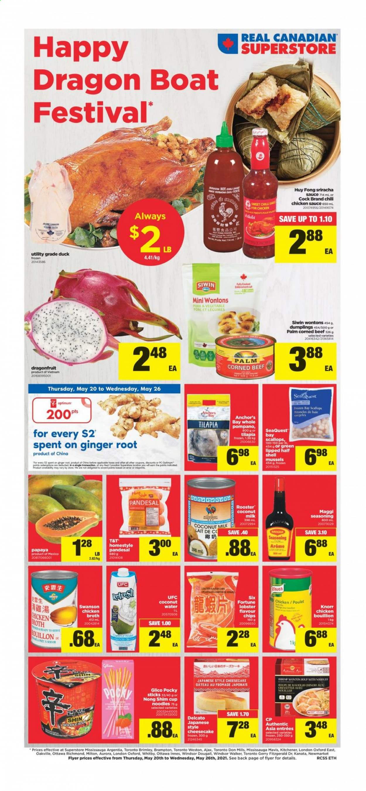 thumbnail - Real Canadian Superstore Flyer - May 20, 2021 - May 26, 2021 - Sales products - cheesecake, ginger, lobster, mussels, scallops, tilapia, pompano, shrimps, soup, sauce, dumplings, noodles cup, noodles, corned beef, Anchor, chicken broth, Maggi, broth, coconut milk, spice, sriracha, beef meat, Ajax, fork, pin, Optimum. Page 1.