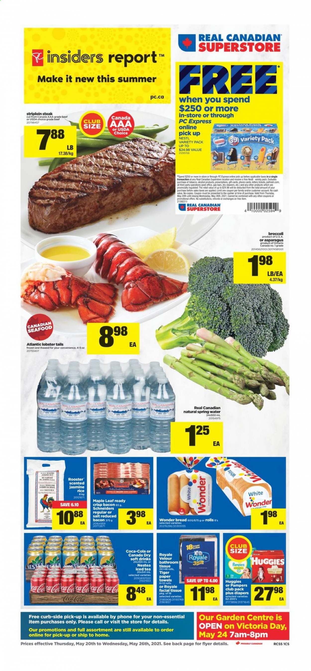 thumbnail - Real Canadian Superstore Flyer - May 20, 2021 - May 26, 2021 - Sales products - bread, asparagus, broccoli, lobster, seafood, lobster tail, bacon, Oreo, bars, rice, jasmine rice, Canada Dry, Coca-Cola, ginger ale, ice tea, soft drink, spring water, water, carbonated soft drink, alcohol, beef meat, steak, striploin steak, Pampers, nappies, bath tissue, cleaner, facial tissues, paper, towel, Nestlé, Huggies. Page 1.