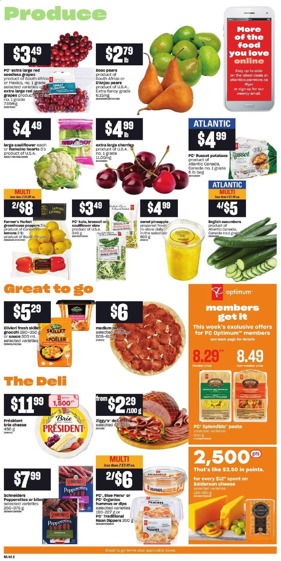 thumbnail - Atlantic Superstore Flyer - May 20, 2021 - May 26, 2021 - Sales products - broccoli, cucumber, russet potatoes, kale, potatoes, salad, peppers, grapes, seedless grapes, pineapple, cherries, pears, lemons, pizza, pasta, hummus, brie, Président, Celebration, Optimum, gnocchi, ricotta. Page 3.