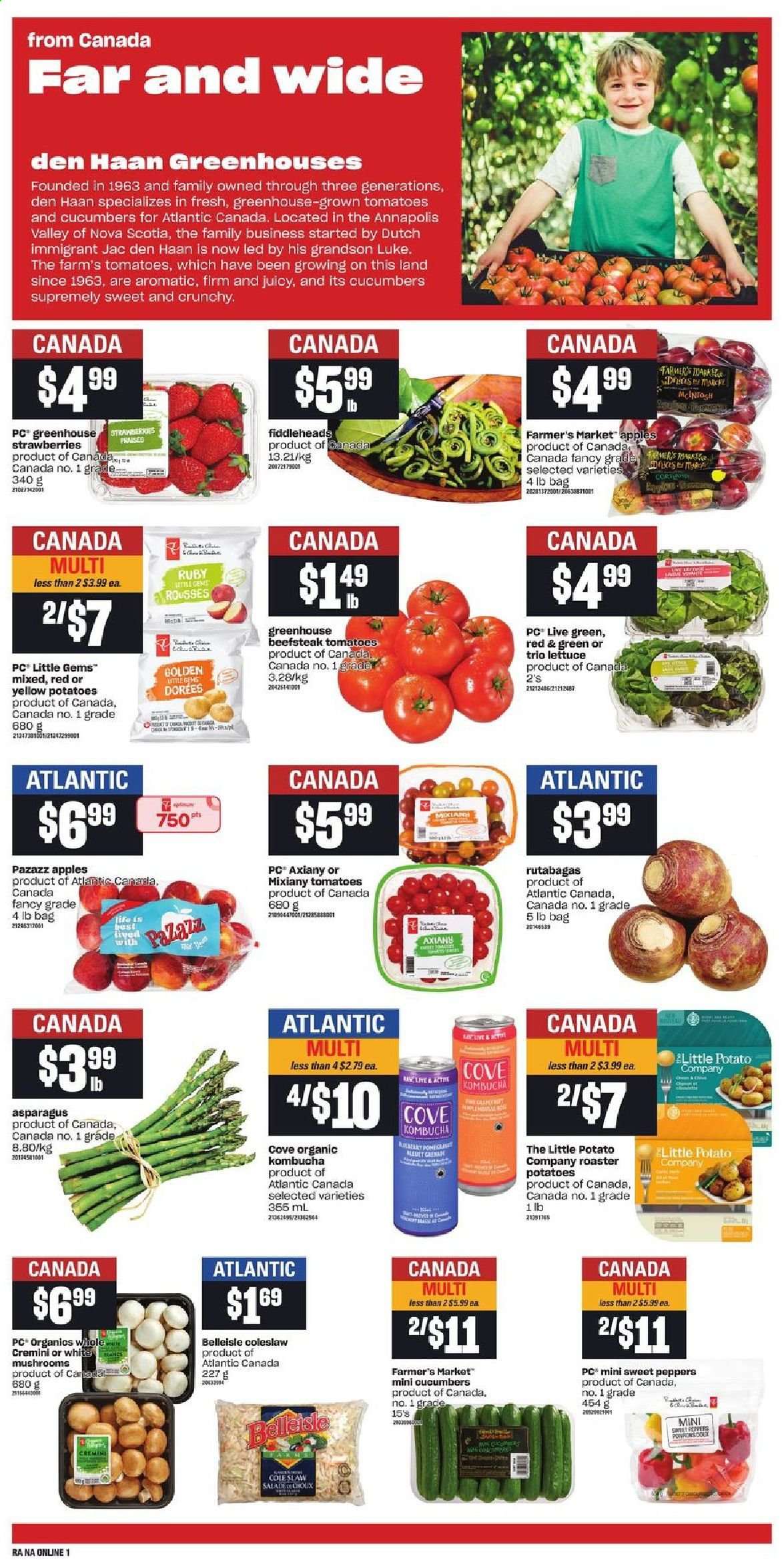 thumbnail - Atlantic Superstore Flyer - May 20, 2021 - May 26, 2021 - Sales products - mushrooms, asparagus, cucumber, sweet peppers, potatoes, lettuce, peppers, apples, strawberries, coleslaw, kombucha. Page 4.