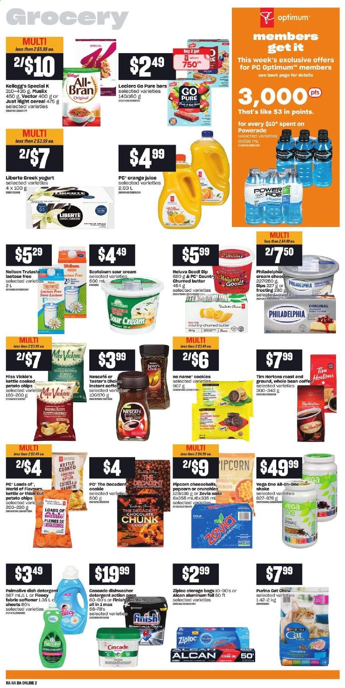 thumbnail - Atlantic Superstore Flyer - May 20, 2021 - May 26, 2021 - Sales products - No Name, cream cheese, cheese, greek yoghurt, yoghurt, shake, butter, sour cream, cookies, fudge, chocolate, Kellogg's, potato chips, popcorn, frosting, cereals, All-Bran, Powerade, orange juice, juice, soda, instant coffee, fabric softener, Cascade, Finish Powerball, Finish Quantum Ultimate, Palmolive, bag, Ziploc, Purina, Optimum, chips, Nescafé. Page 6.