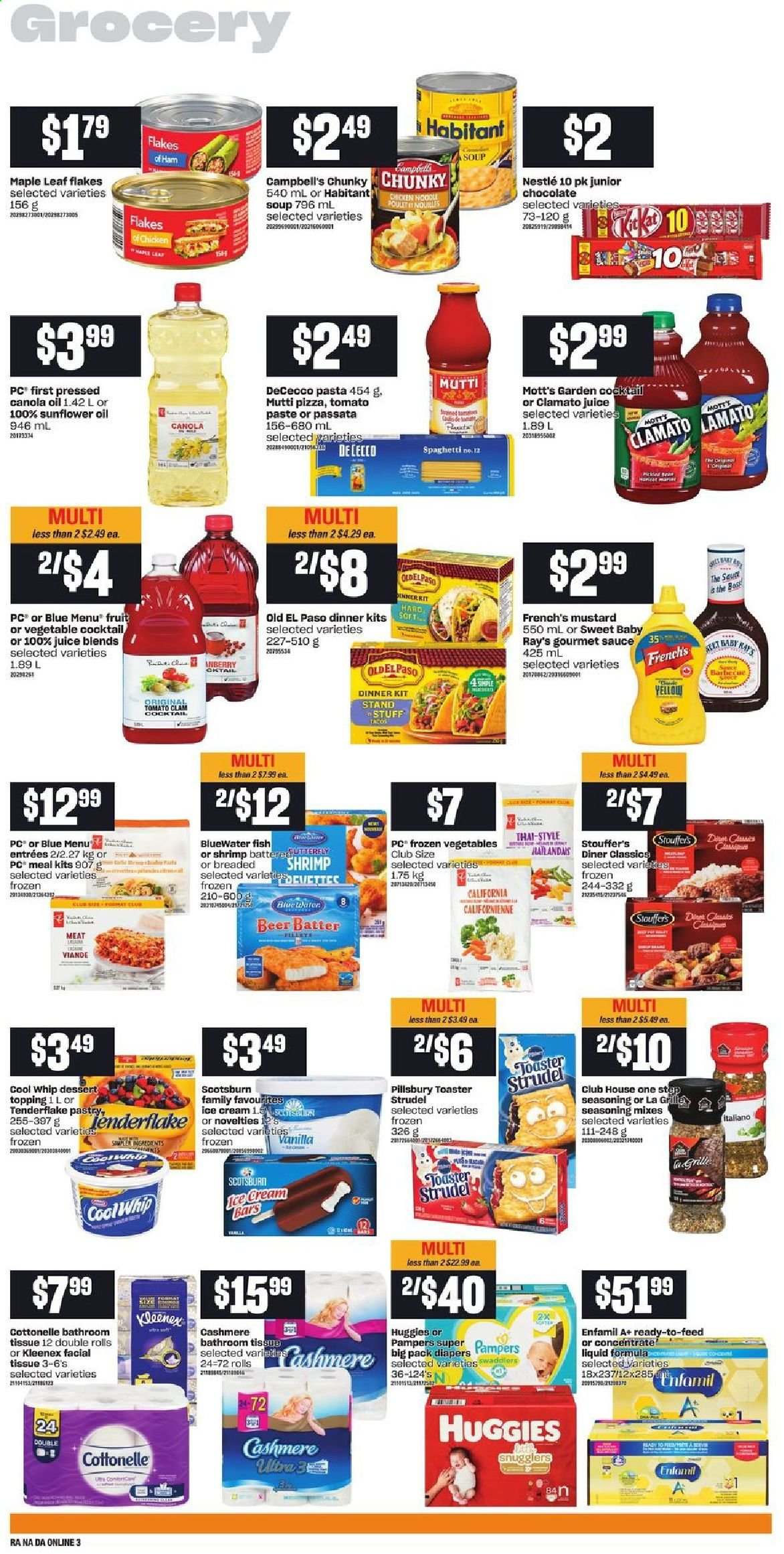 thumbnail - Atlantic Superstore Flyer - May 20, 2021 - May 26, 2021 - Sales products - strudel, Old El Paso, Mott's, clams, fish, shrimps, Campbell's, spaghetti, pizza, soup, pasta, sauce, dinner kit, ham, Cool Whip, ice cream, ice cream bars, frozen vegetables, Stouffer's, topping, tomato paste, spice, mustard, canola oil, sunflower oil, oil, juice, Clamato, beer, Enfamil, nappies, bath tissue, Cottonelle, Kleenex, Nestlé, Huggies, Pampers. Page 7.