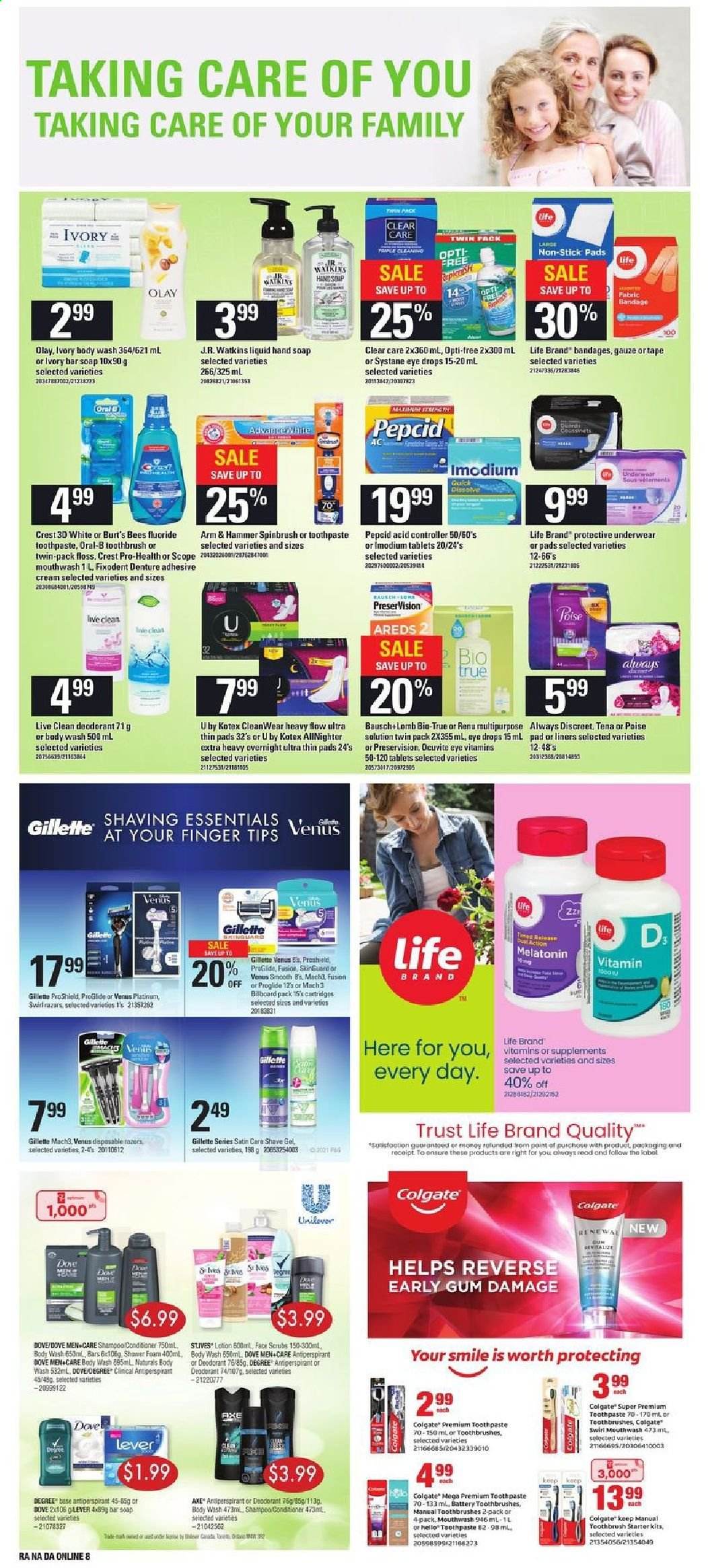 thumbnail - Atlantic Superstore Flyer - May 20, 2021 - May 26, 2021 - Sales products - ARM & HAMMER, body wash, hand soap, soap bar, soap, toothbrush, toothpaste, mouthwash, Fixodent, Crest, Always Discreet, Kotex, Olay, conditioner, body lotion, anti-perspirant, shave gel, Venus, Trust, Clear Care, Melatonin, Pepcid, eye drops, Gillette, shampoo, Systane, Oral-B, deodorant. Page 13.