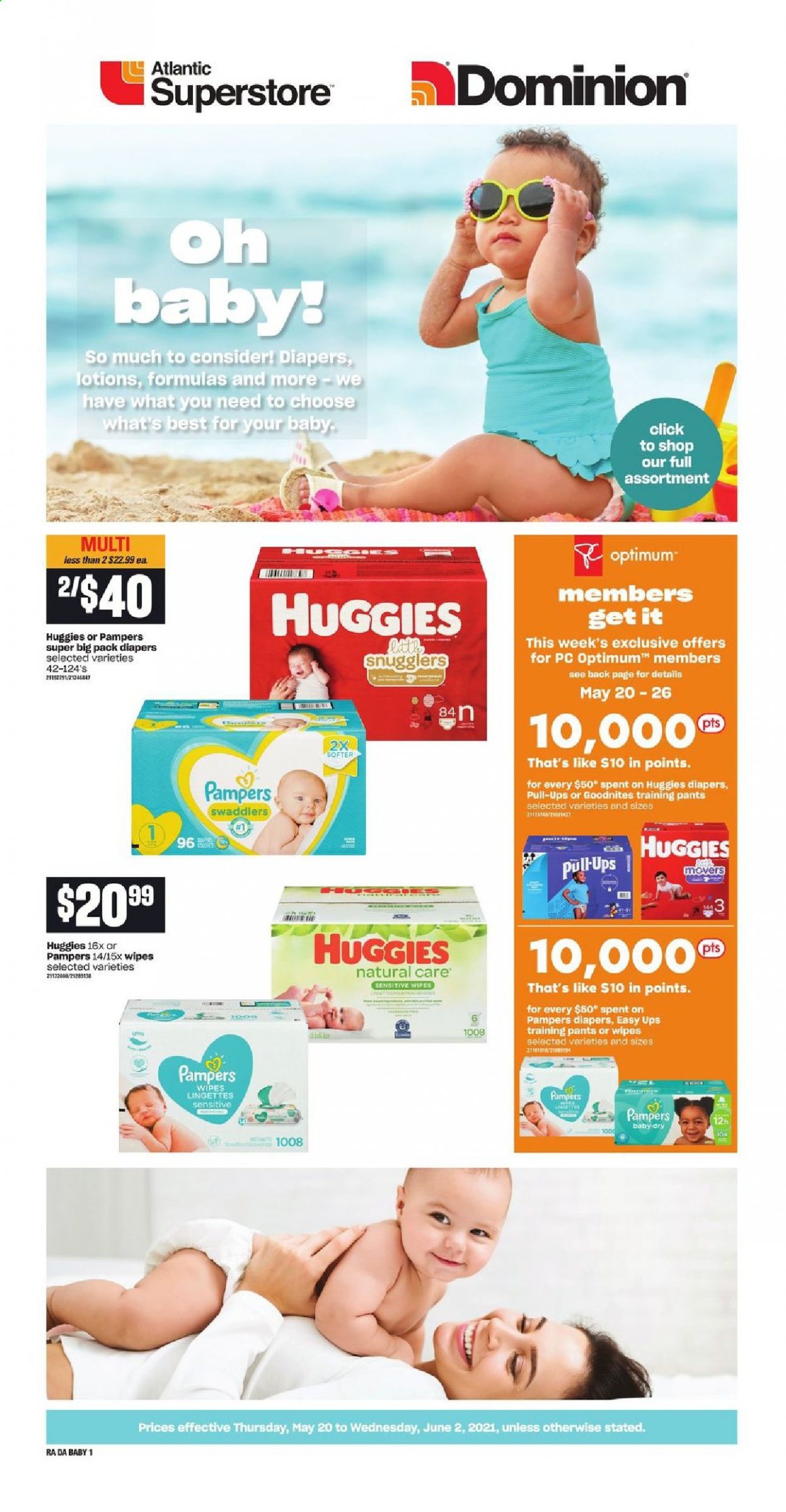 thumbnail - Atlantic Superstore Flyer - May 20, 2021 - June 02, 2021 - Sales products - wipes, pants, nappies, baby pants, Optimum, Huggies, Pampers. Page 1.