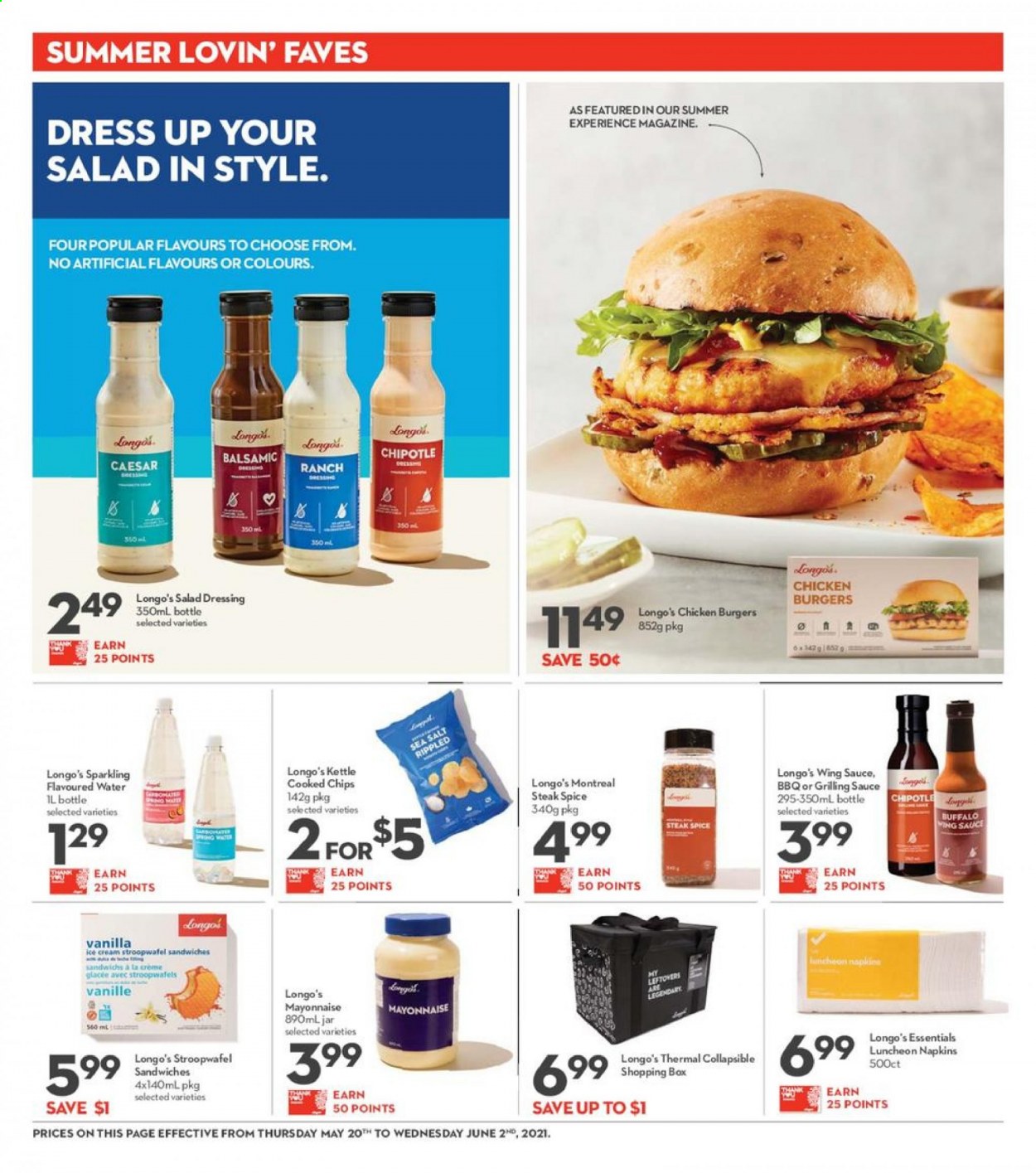 thumbnail - Longo's Flyer - May 20, 2021 - June 02, 2021 - Sales products - sandwich, hamburger, lunch meat, mayonnaise, ice cream, spice, salad dressing, dressing, wing sauce, napkins, chips, steak. Page 12.