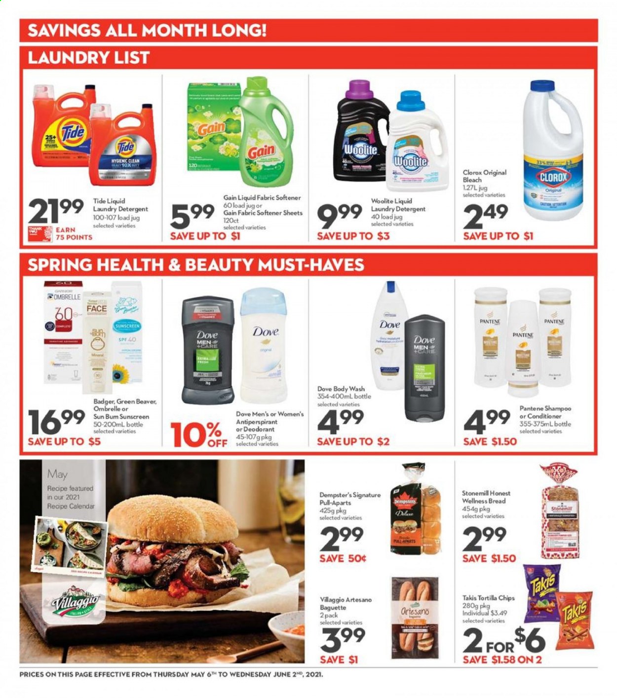 thumbnail - Longo's Flyer - May 20, 2021 - June 02, 2021 - Sales products - bread, tortilla chips, Gain, bleach, Clorox, Woolite, Tide, fabric softener, laundry detergent, body wash, conditioner, anti-perspirant, Pantene, chips, deodorant. Page 20.