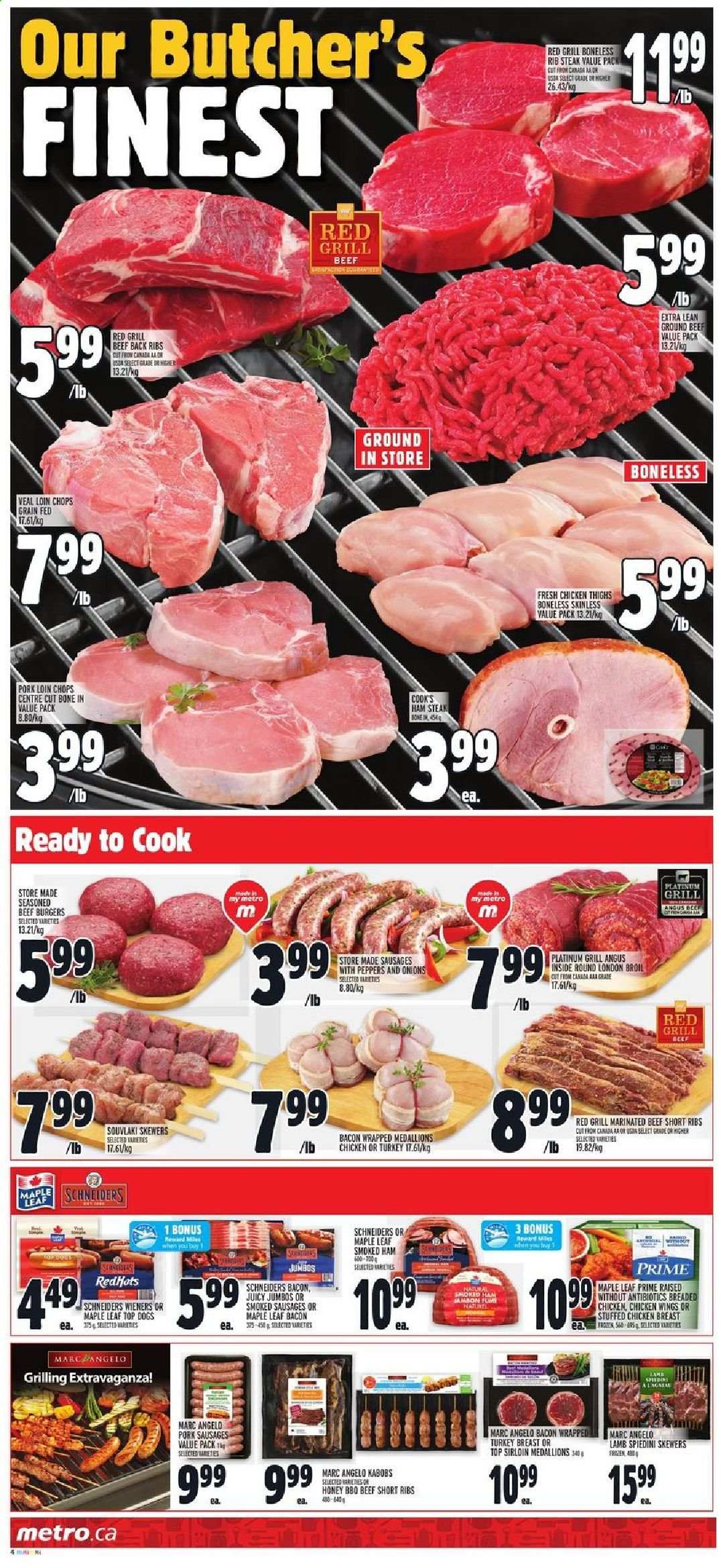 thumbnail - Metro Flyer - May 20, 2021 - May 26, 2021 - Sales products - hamburger, fried chicken, beef burger, stuffed chicken, bacon, ham, smoked ham, Cook's, sausage, ham steaks, chicken wings, turkey breast, chicken thighs, chicken, turkey, beef meat, beef ribs, ground beef, marinated beef, pork chops, pork loin, pork meat, steak. Page 4.