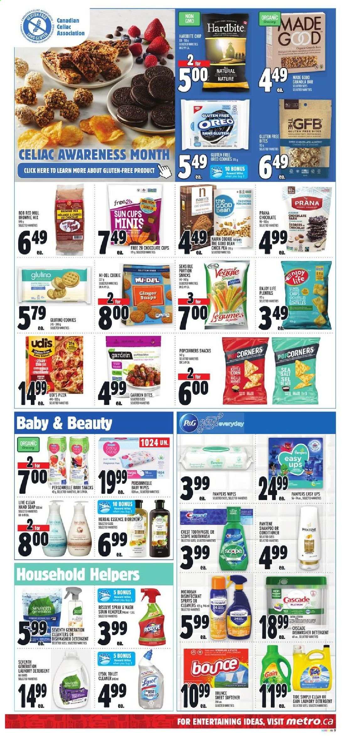 thumbnail - Metro Flyer - May 20, 2021 - May 26, 2021 - Sales products - brownie mix, pizza, cookies, chocolate, snack, kettle corn, popcorn, granola bar, wipes, baby wipes, Gain, cleaner, toilet cleaner, stain remover, Lysol, Tide, fabric softener, Bounce, Cascade, hand soap, soap, toothpaste, mouthwash, Crest, conditioner, cup, Nature Made, Oreo, granola, shampoo, Pampers, Pantene, chips, desinfection. Page 9.