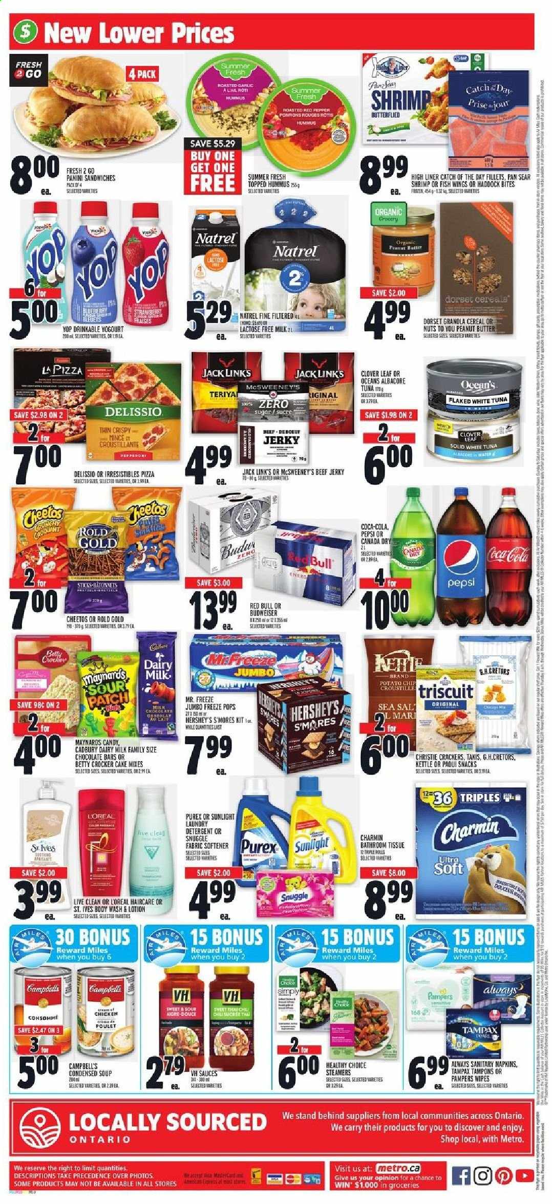 thumbnail - Metro Flyer - May 20, 2021 - May 26, 2021 - Sales products - cake, panini, tuna, haddock, shrimps, Campbell's, pizza, sandwich, condensed soup, soup, instant soup, Healthy Choice, beef jerky, jerky, pepperoni, hummus, Clover, lactose free milk, Hershey's, snack, crackers, Cadbury, Dairy Milk, Sour Patch, chocolate bar, Cheetos, Jack Link's, sugar, cereals, peanut butter, Canada Dry, Coca-Cola, Pepsi, Red Bull, beer, wipes, napkins, bath tissue, Charmin, Snuggle, fabric softener, Sunlight, Purex, body wash, sanitary napkins, tampons, L’Oréal, body lotion, pan, granola, Tampax, Pampers. Page 10.