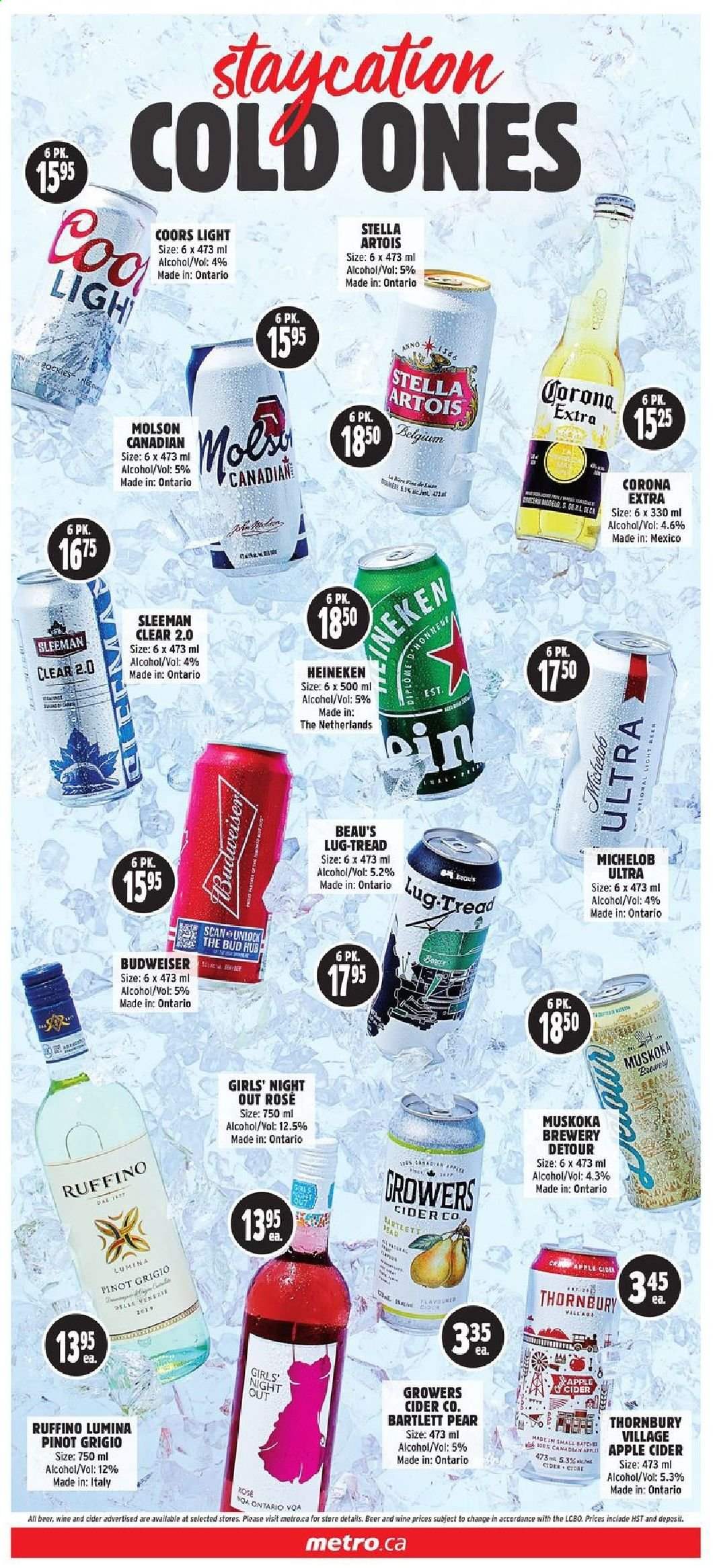 thumbnail - Metro Flyer - May 20, 2021 - May 26, 2021 - Sales products - pears, white wine, wine, alcohol, Pinot Grigio, rosé wine, apple cider, cider, beer, Corona Extra, Heineken, pin, Stella Artois, Coors, Michelob. Page 11.